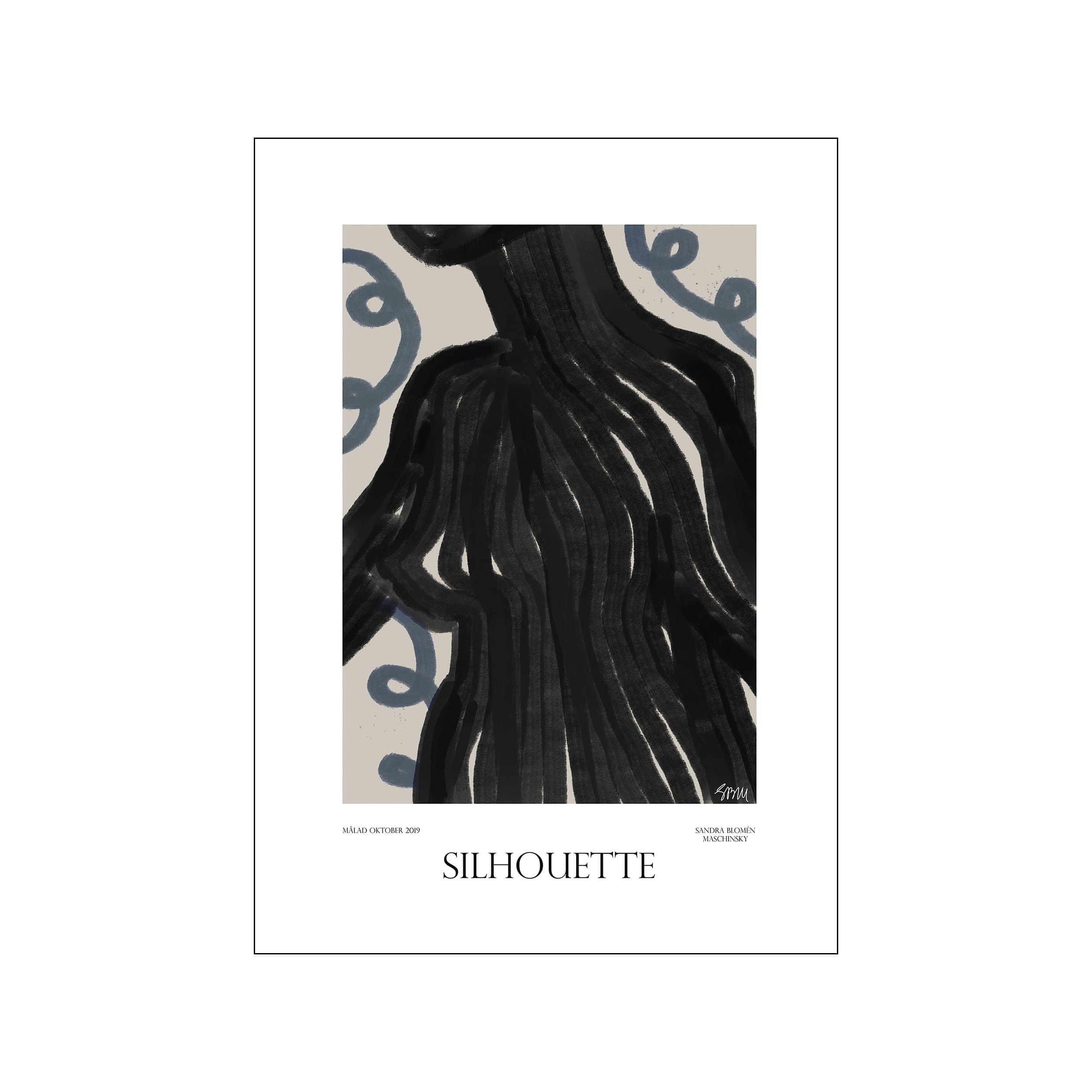 A striking abstract artwork featuring the upper body silhouette in bold black brushstrokes, with delicate blue swirls on a neutral background, evoking a sense of calm elegance.
