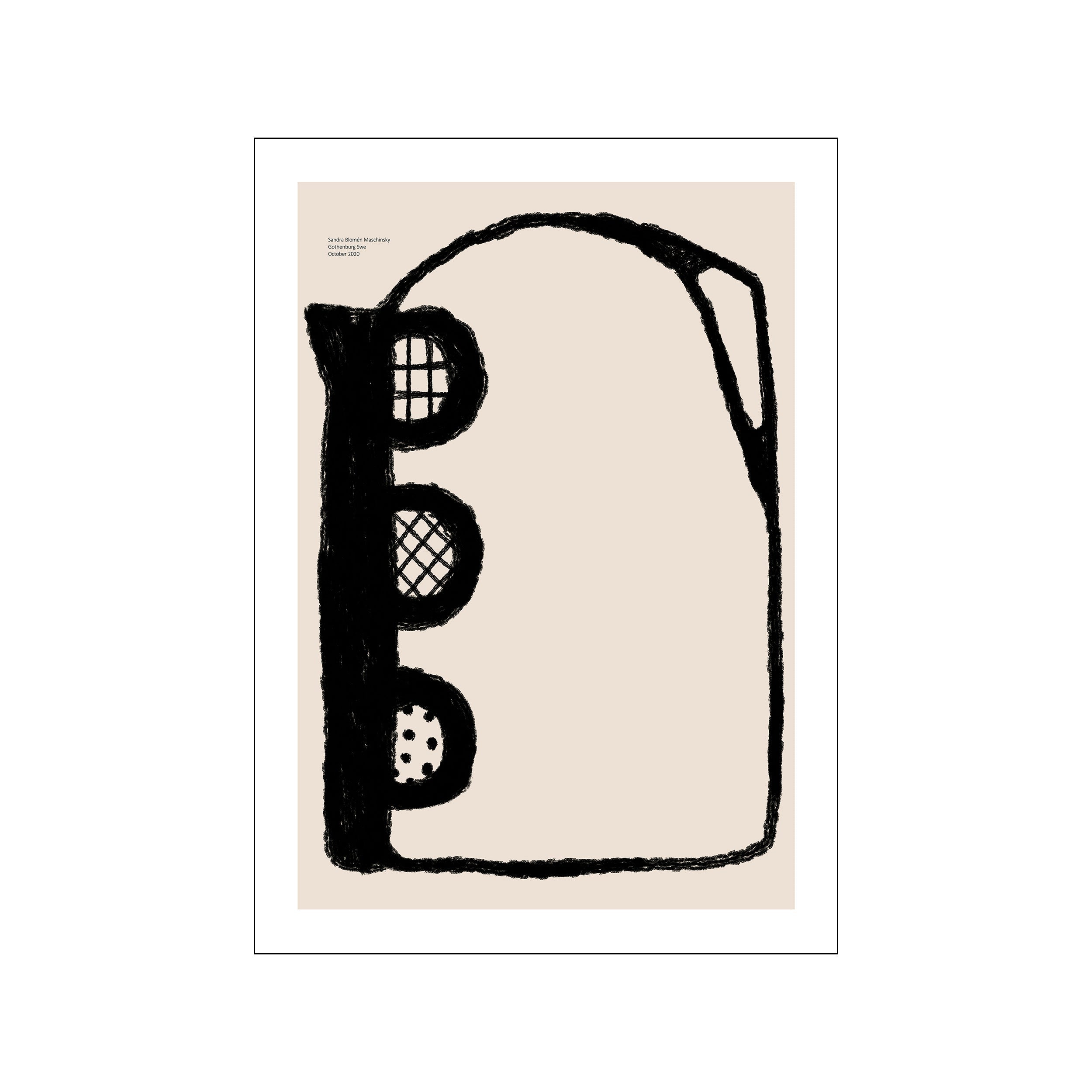 An abstract graphic artwork featuring thick, textured black lines forming a rounded, organic shape with circular openings on a pale beige background. Evokes a playful yet sophisticated vibe.