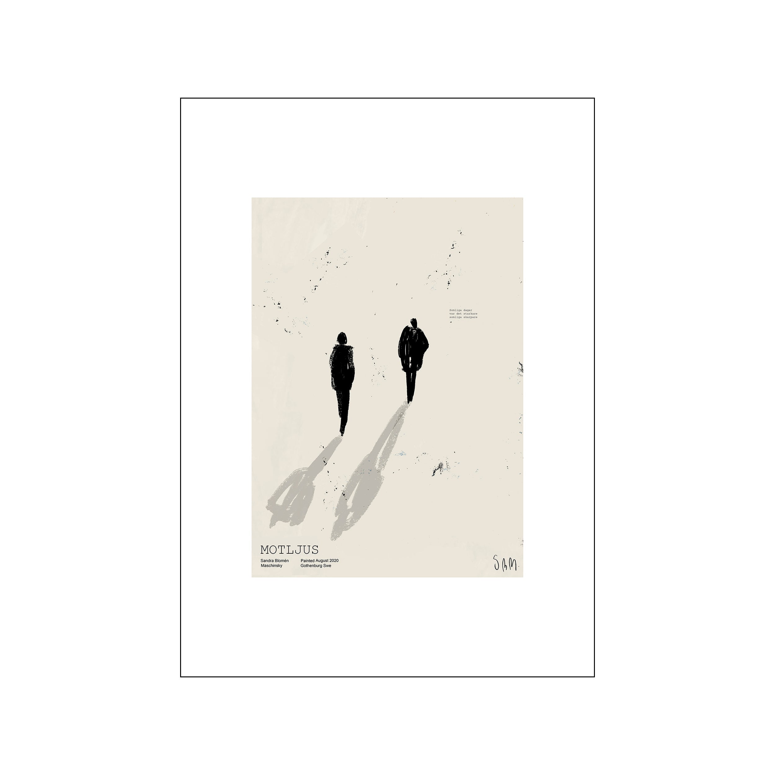 Two silhouetted figures walk away from the viewer, casting long, textured shadows on a pale, off-white background. Sparse, dark flecks add subtle texture to the scene.