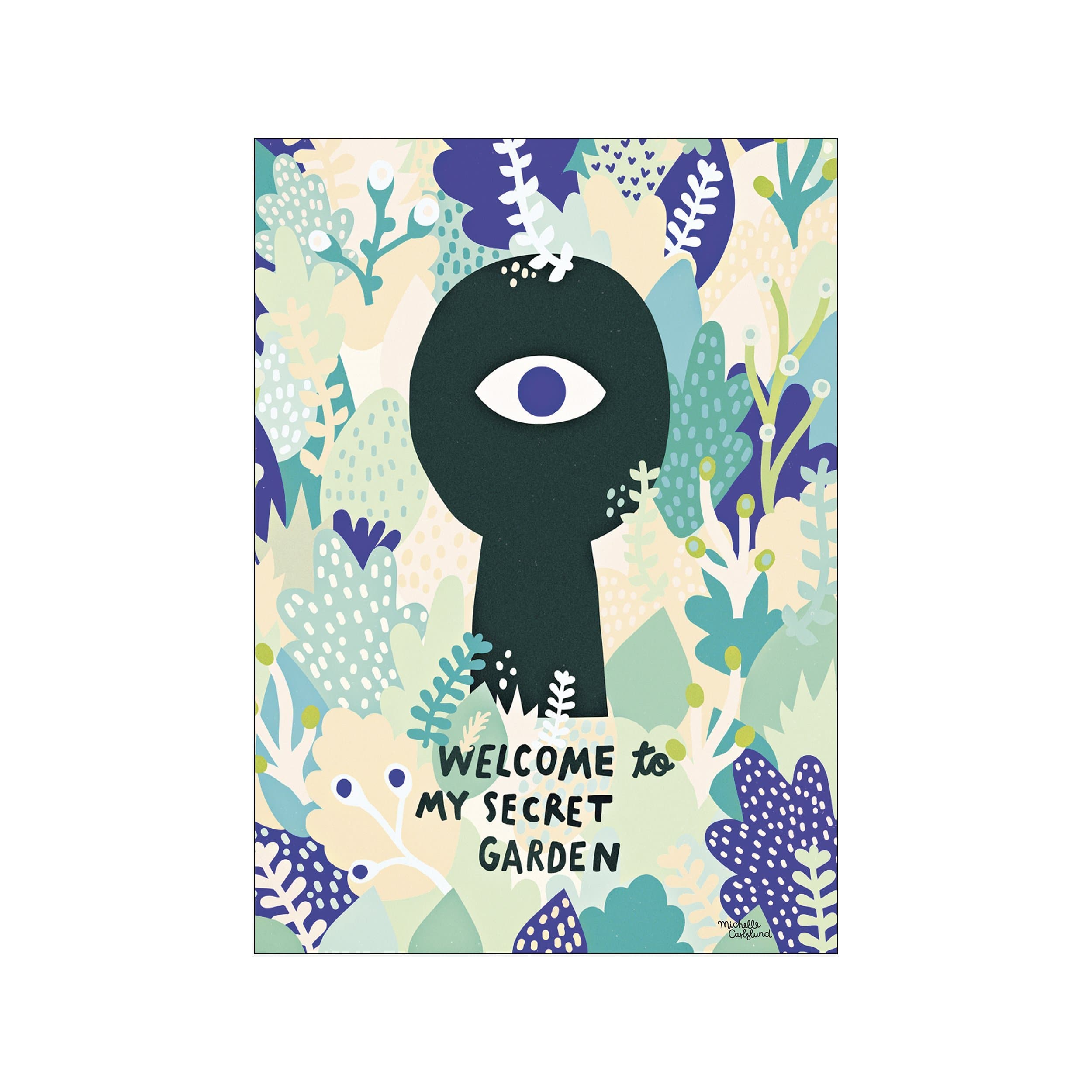 An illustration of a dark keyhole with an eye peering out, surrounded by lush, stylized plants in shades of blue, green, and cream, with the text 'Welcome to My Secret Garden'.