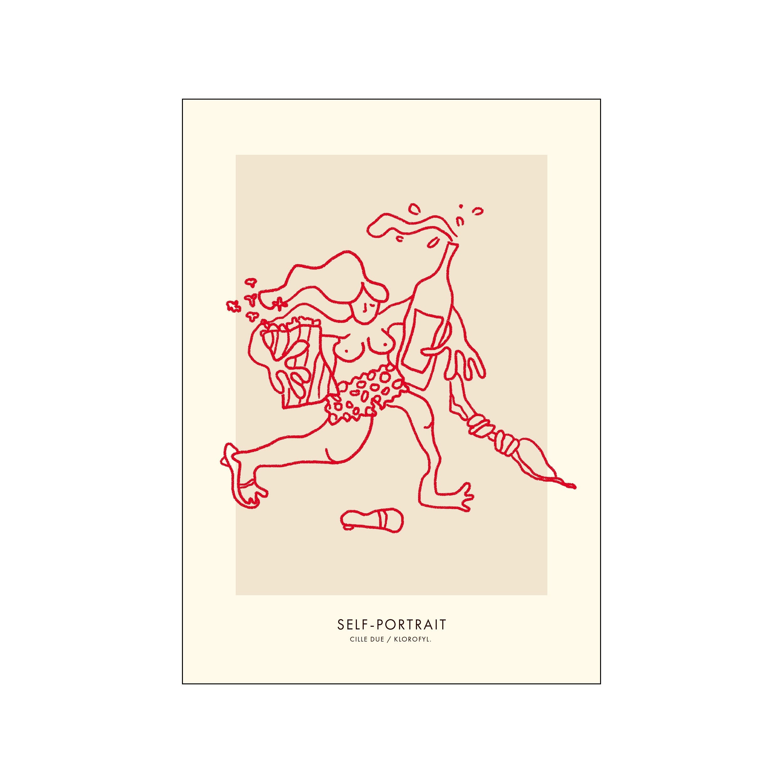 Red line self-portrait of a female figure on a warm cream background with the title below
