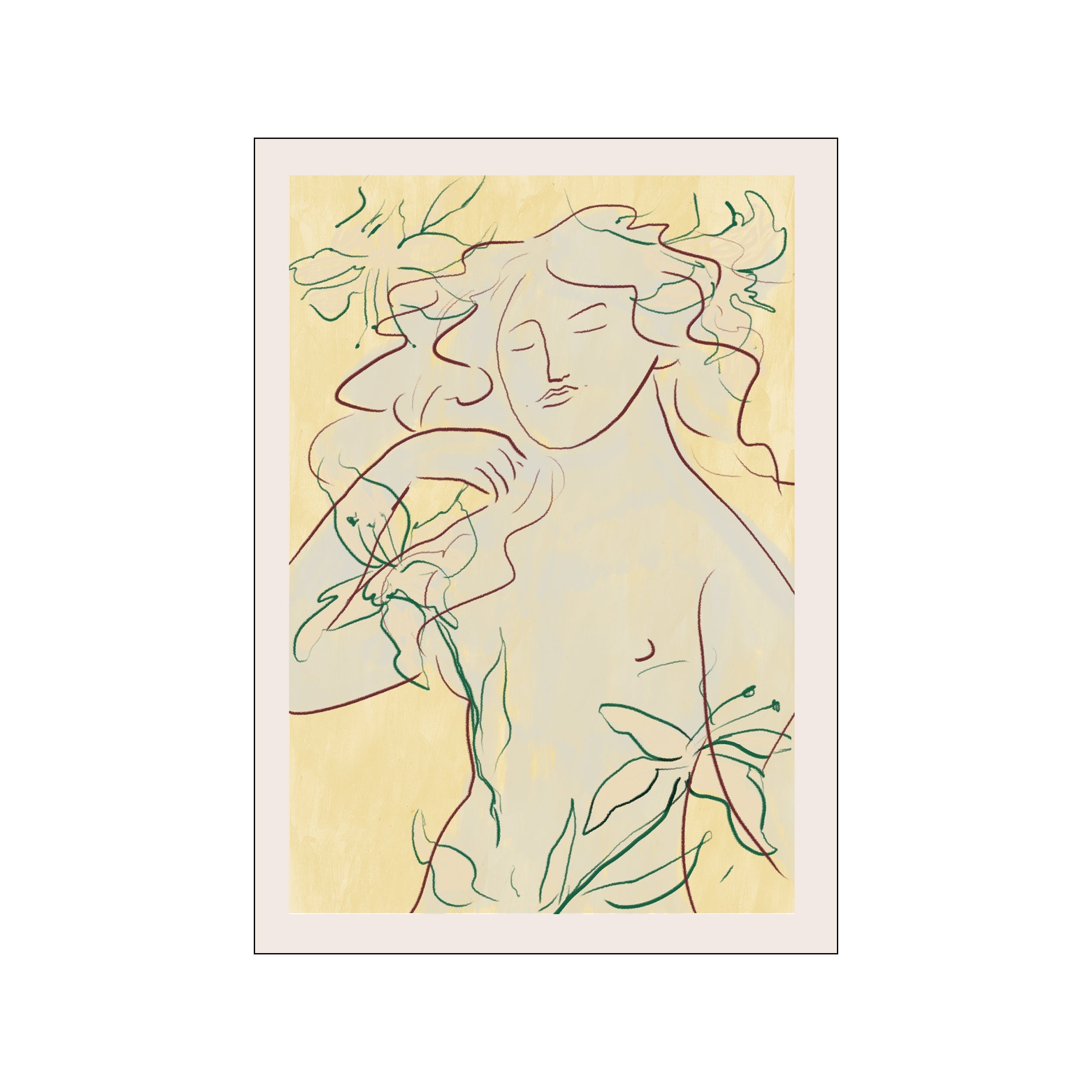 A minimalist depiction of a woman's face and form, rendered in loose, flowing lines of dark red and green against a soft yellow, textured background, evoking a sense of calm and natural beauty.