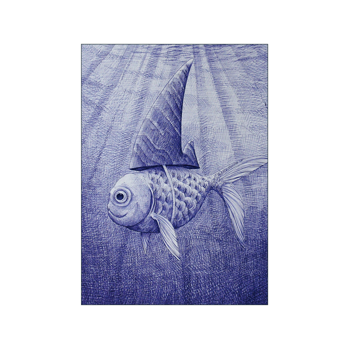 Blue ballpoint drawing of a goldfish with a tall shark fin on a textured background