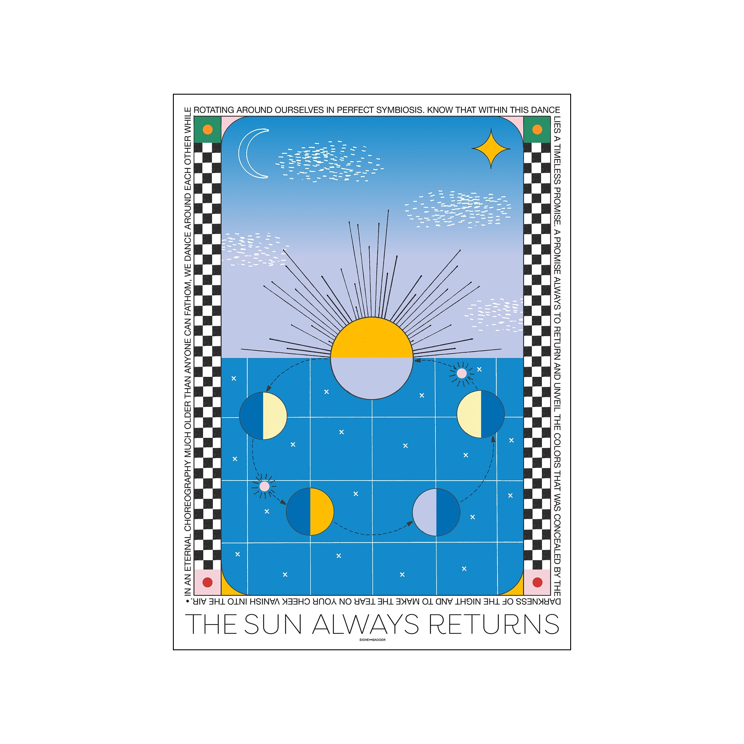 A graphic depiction of a radiant sun rising over a blue expanse, with celestial bodies, moon phases, and abstract shapes. The composition is framed by text and a checkered border, conveying a serene and hopeful.