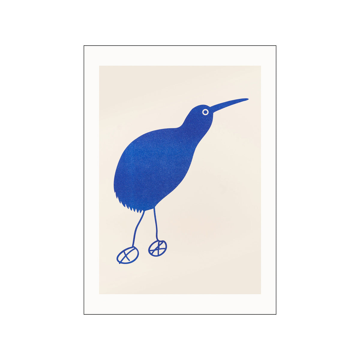 Minimal blue kiwi bird with long beak and line-drawn legs on cream background