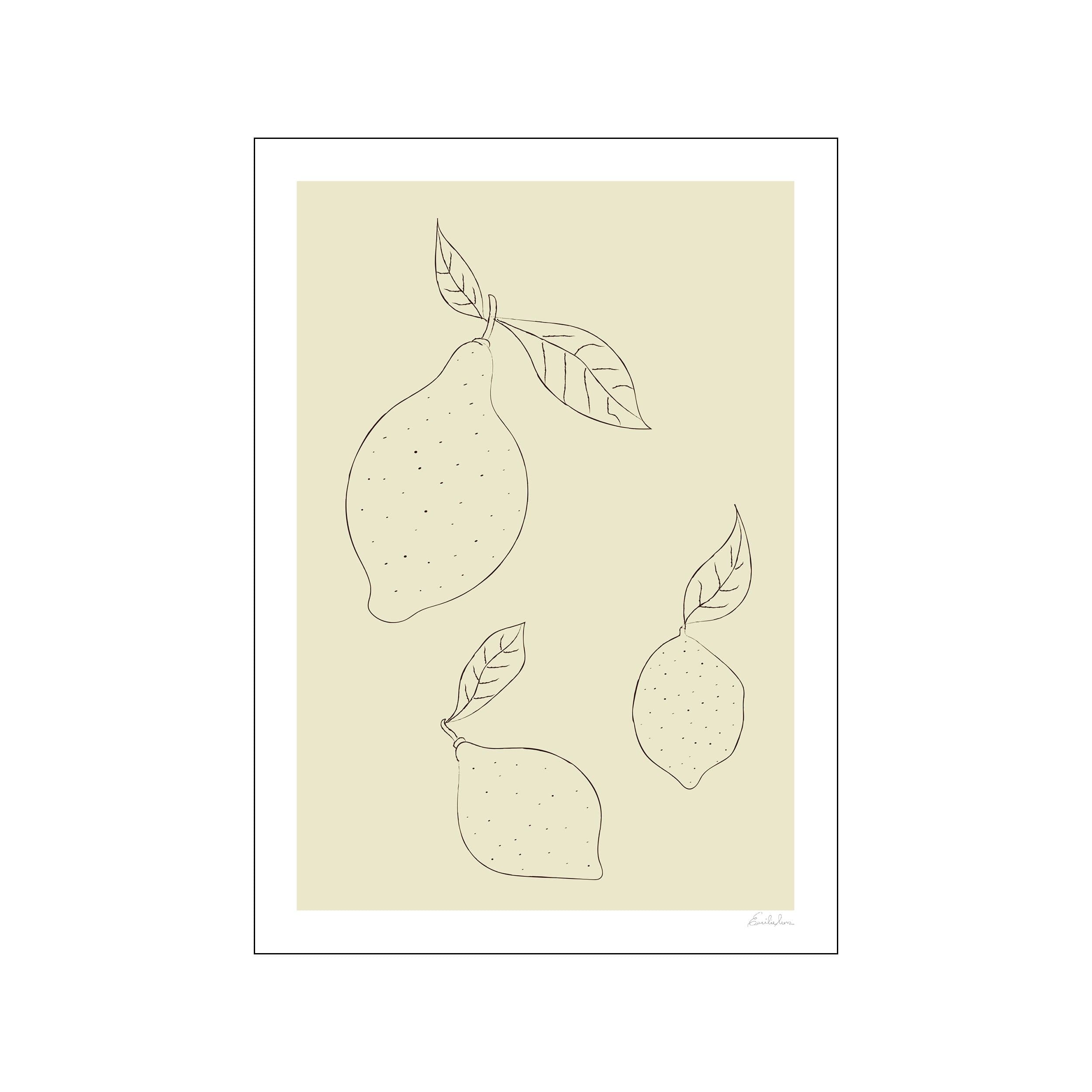 Minimal lemon line drawing with three fruits and leaves on a pale cream background