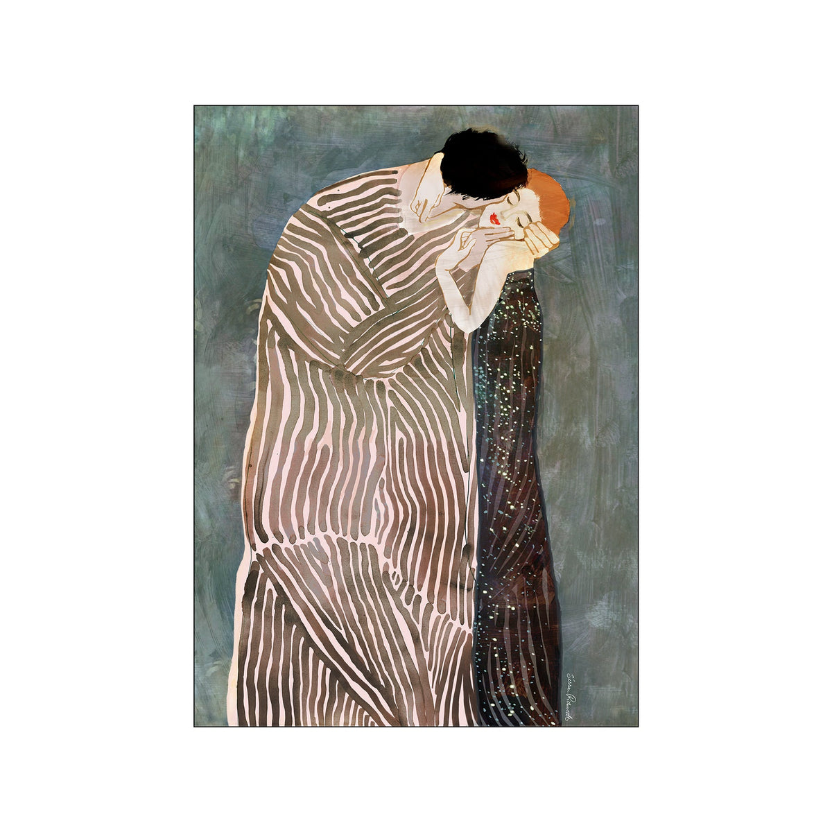 Two embracing figures in striped brown and cream clothing against a muted blue green background