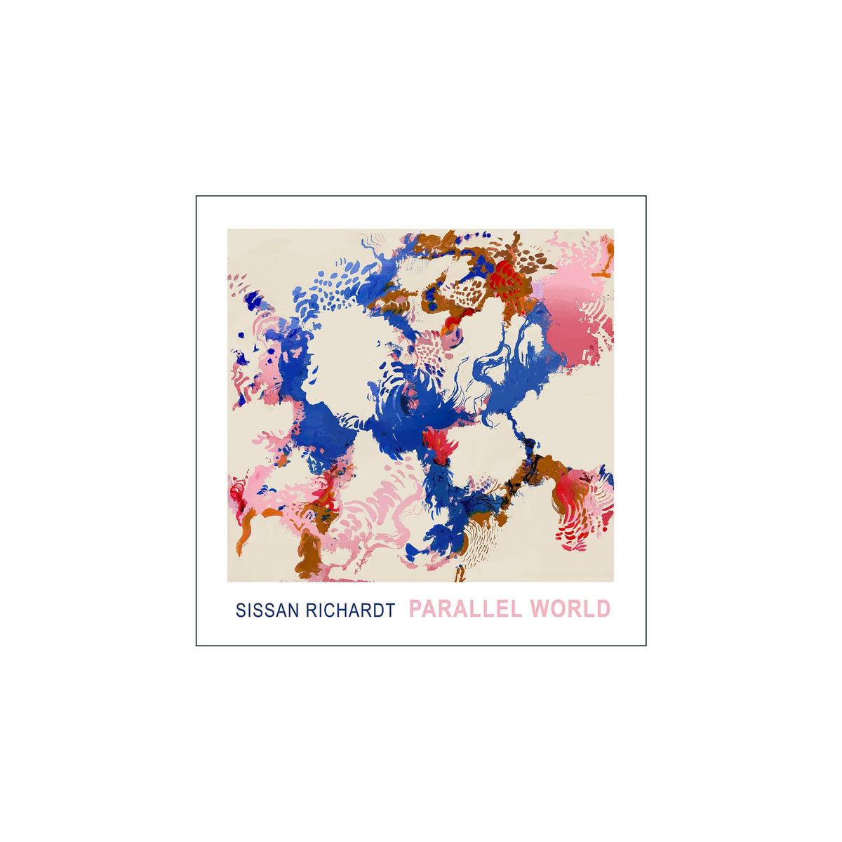 Square abstract print with blue, pink, brown, and red forms on a cream ground