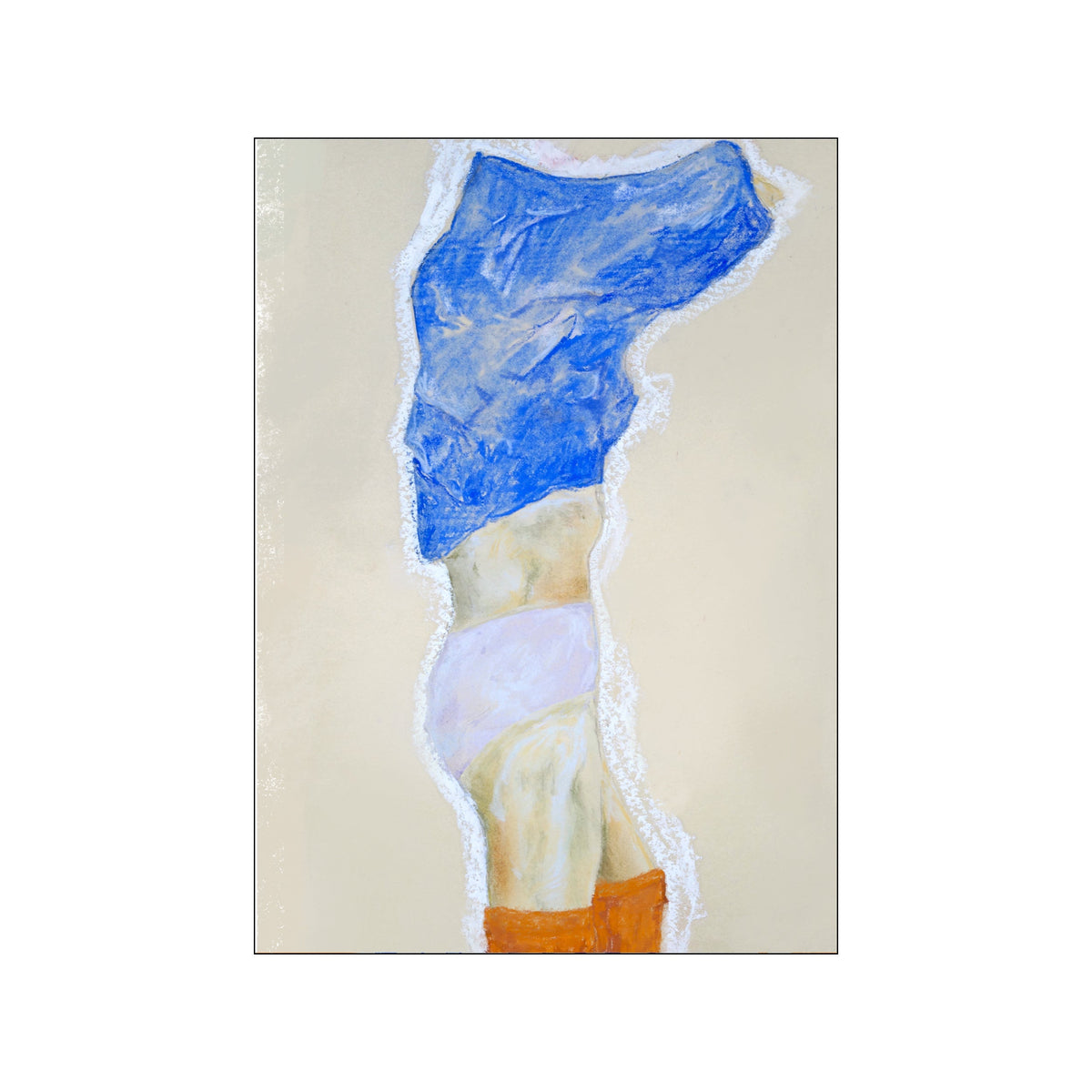 Abstract female figure in vivid blue, cream, lavender, and orange on a pale ground
