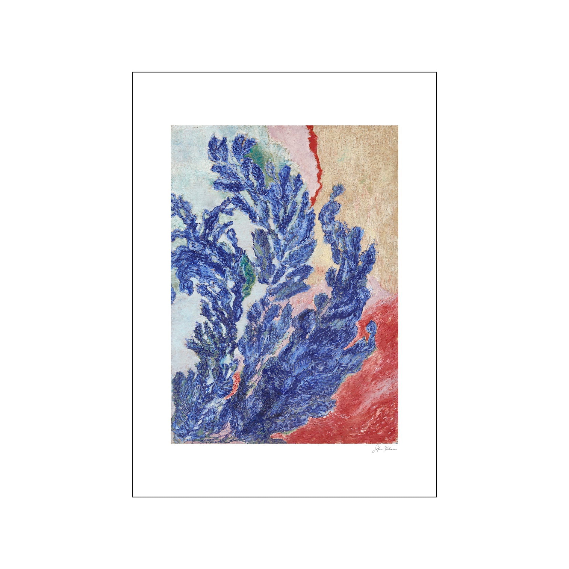 Abstract artwork featuring lush, deep blue foliage against a textured background of soft pink, red, and ochre hues, evoking a feeling of serene natural beauty.