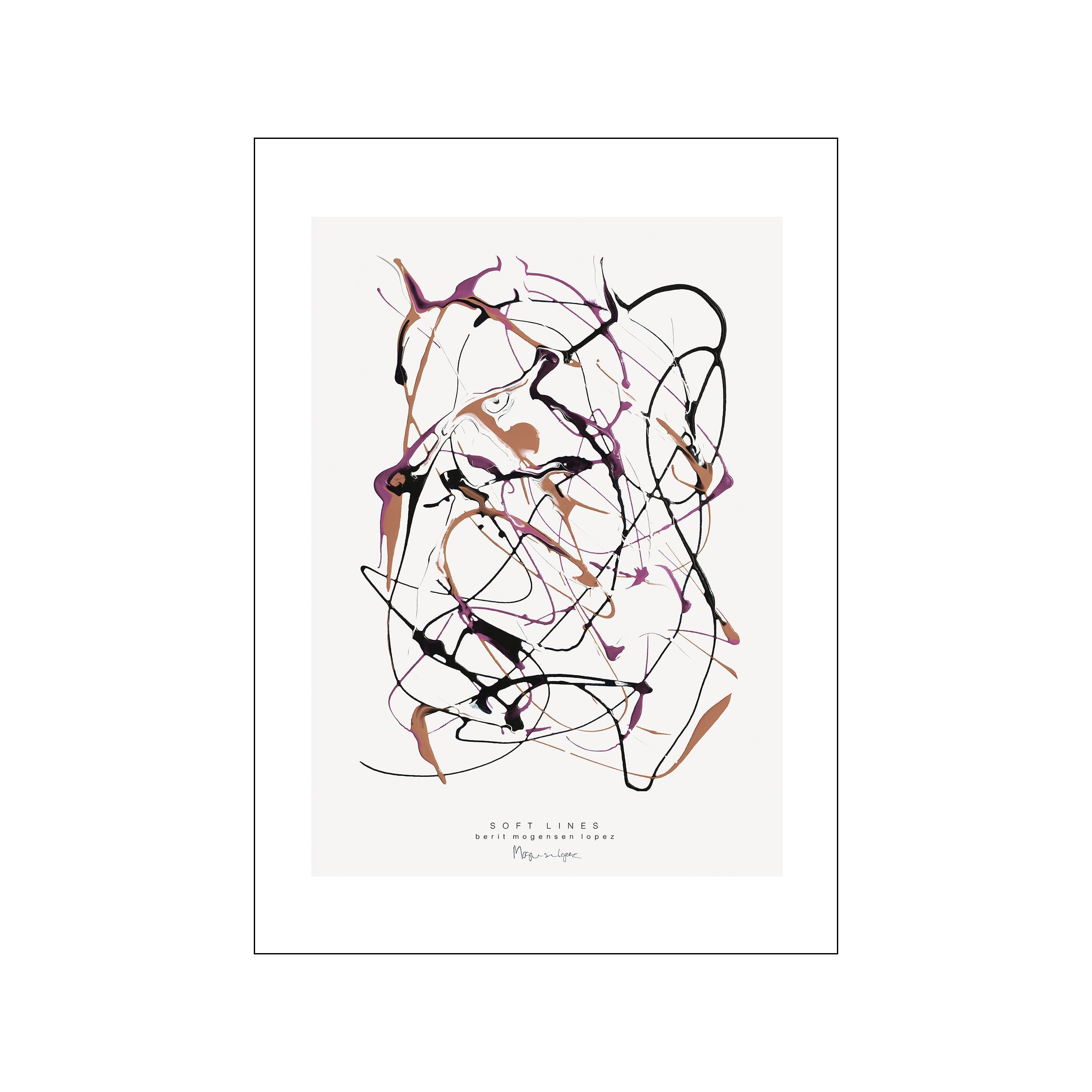 Abstract line artwork with black, plum, and tan strokes on a pale background