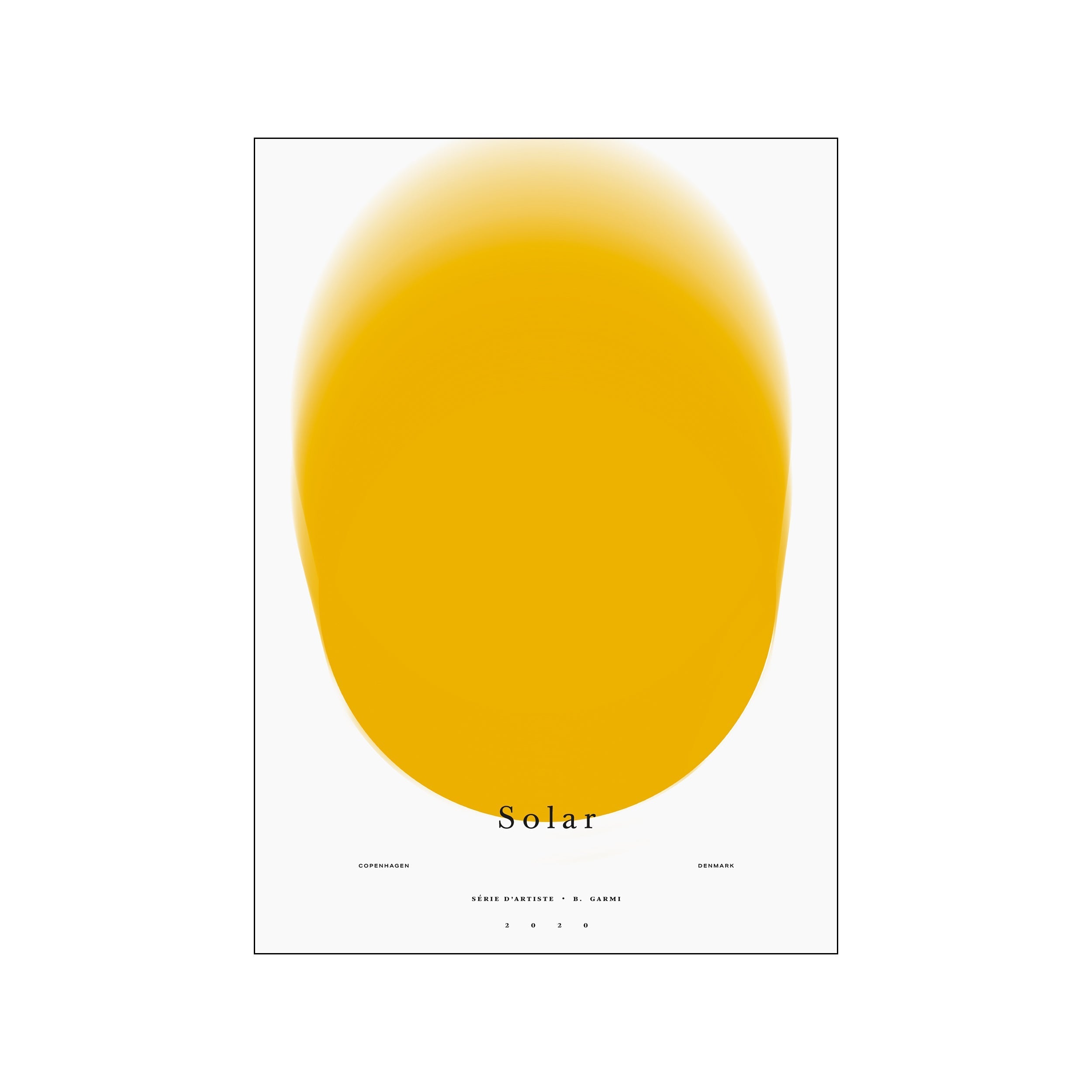 Abstract artwork titled 'Solar' featuring a large, blurred golden-yellow circle representing the sun against a soft white background, radiating warmth and tranquility.