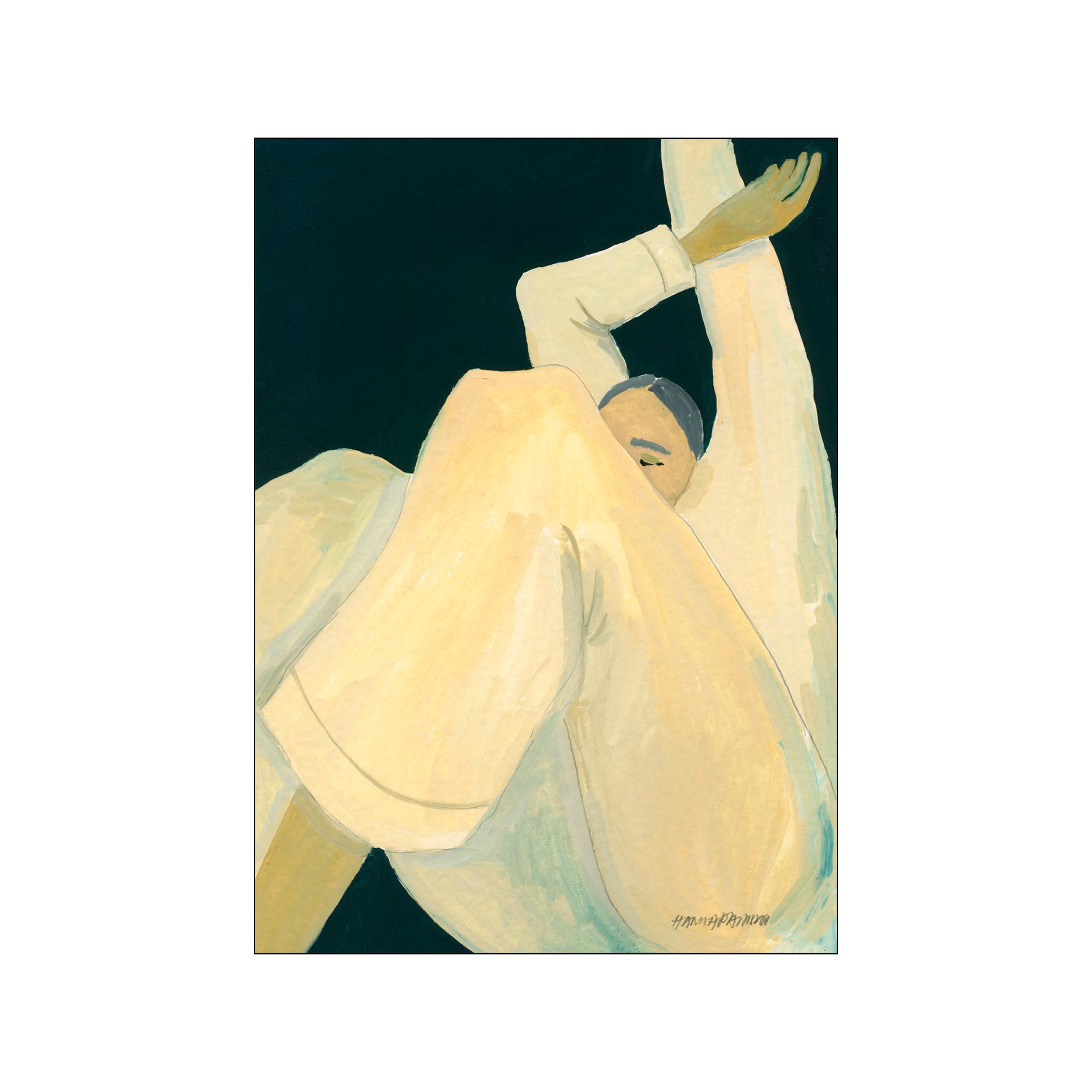 A solitary figure rendered in soft yellow and teal hues is depicted in a relaxed, introspective pose against a dark background, evoking a sense of quiet contemplation and dreamlike serenity.