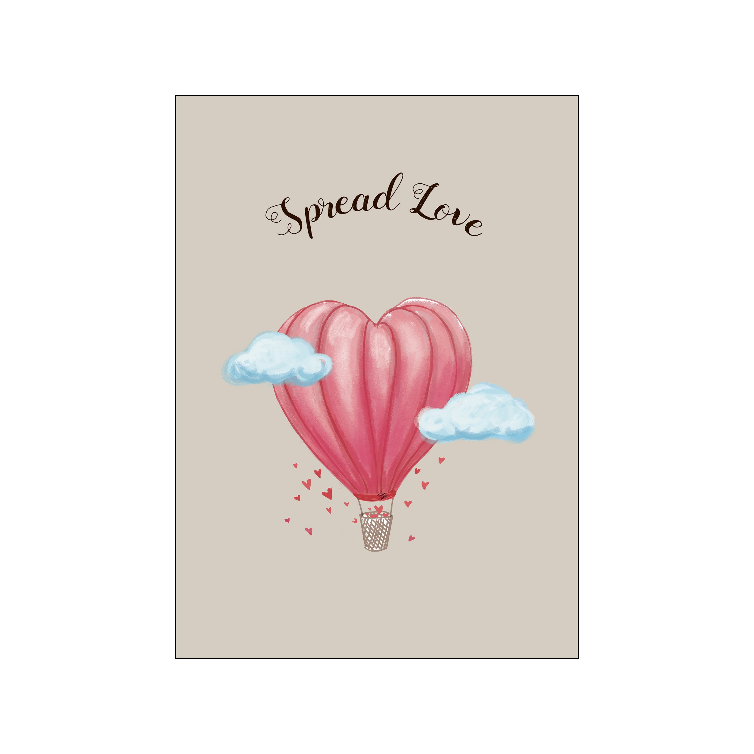 A pink heart-shaped hot air balloon floats in a taupe sky, surrounded by soft clouds and tiny red hearts, with the words "Spread Love" scripted above.