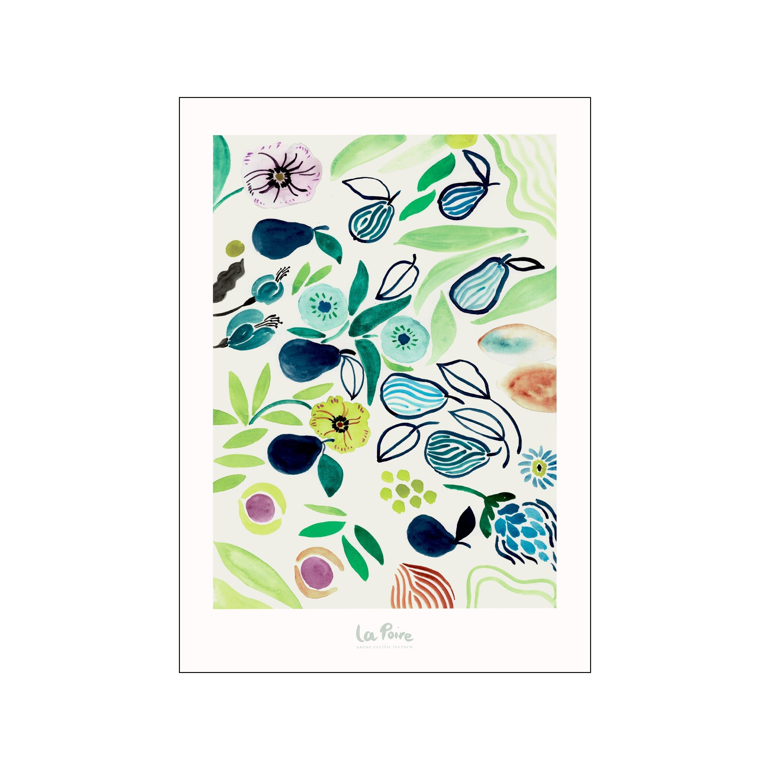 A whimsical watercolor composition featuring dark blue pears, light green leaves, and abstract floral shapes in shades of purple, yellow, and teal, set against a cream background.