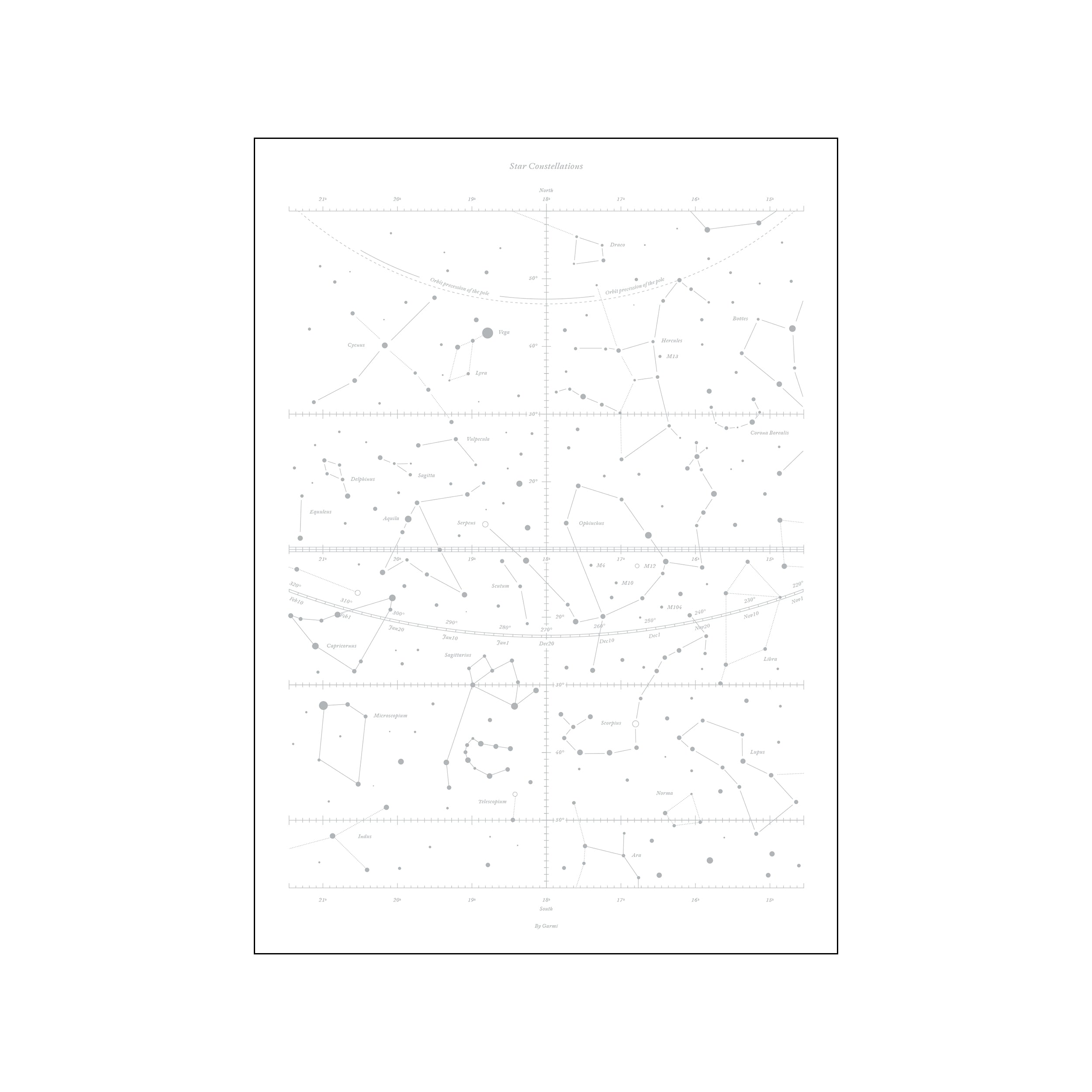 A minimalist depiction of star constellations with delicate silver lines and dots against a white background, representing the vastness of the night sky and zodiac signs.