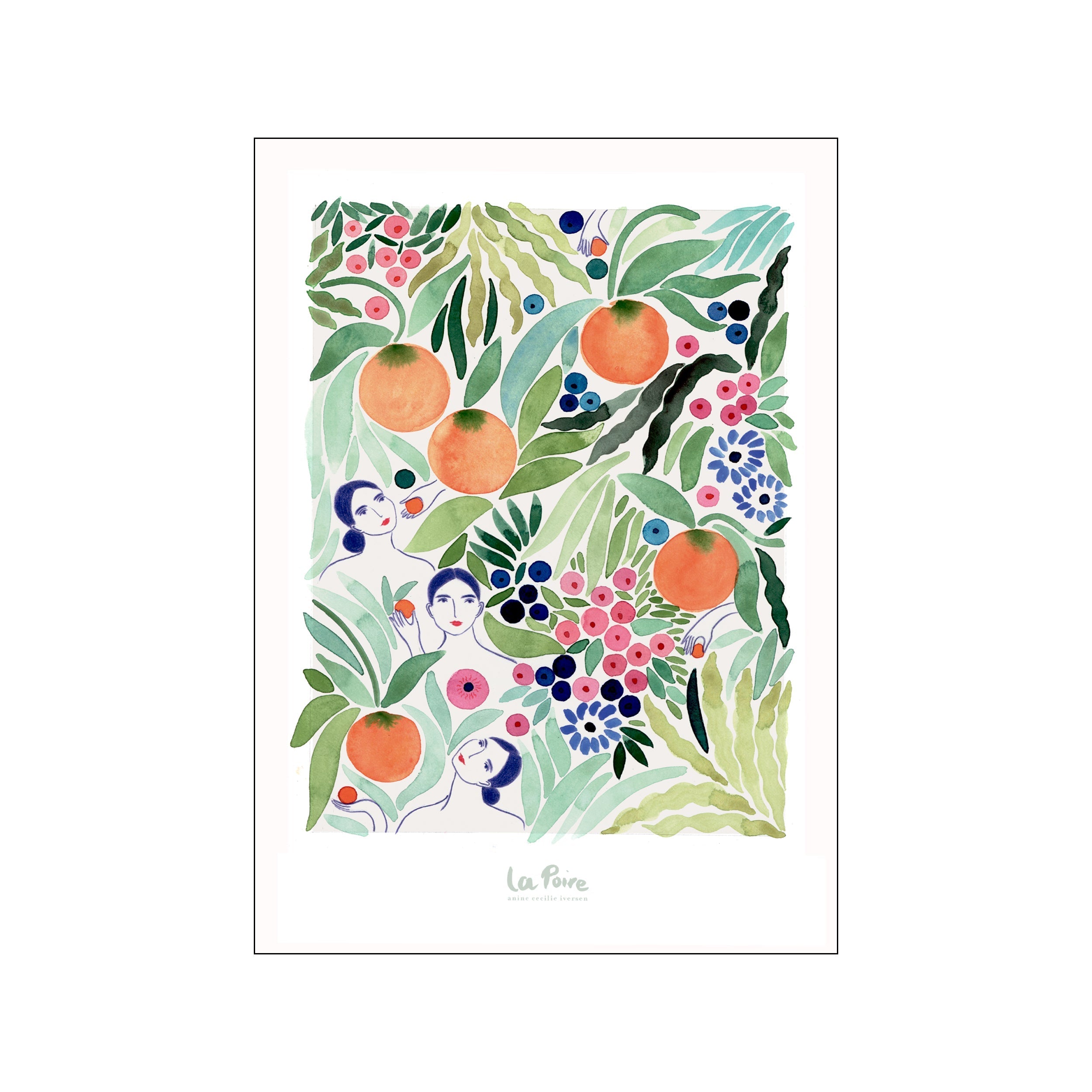 Abstract watercolor painting of figures peeking through abundant greenery, with prominent oranges, blueberries, and small pink flowers. Evokes a bohemian and serene mood.