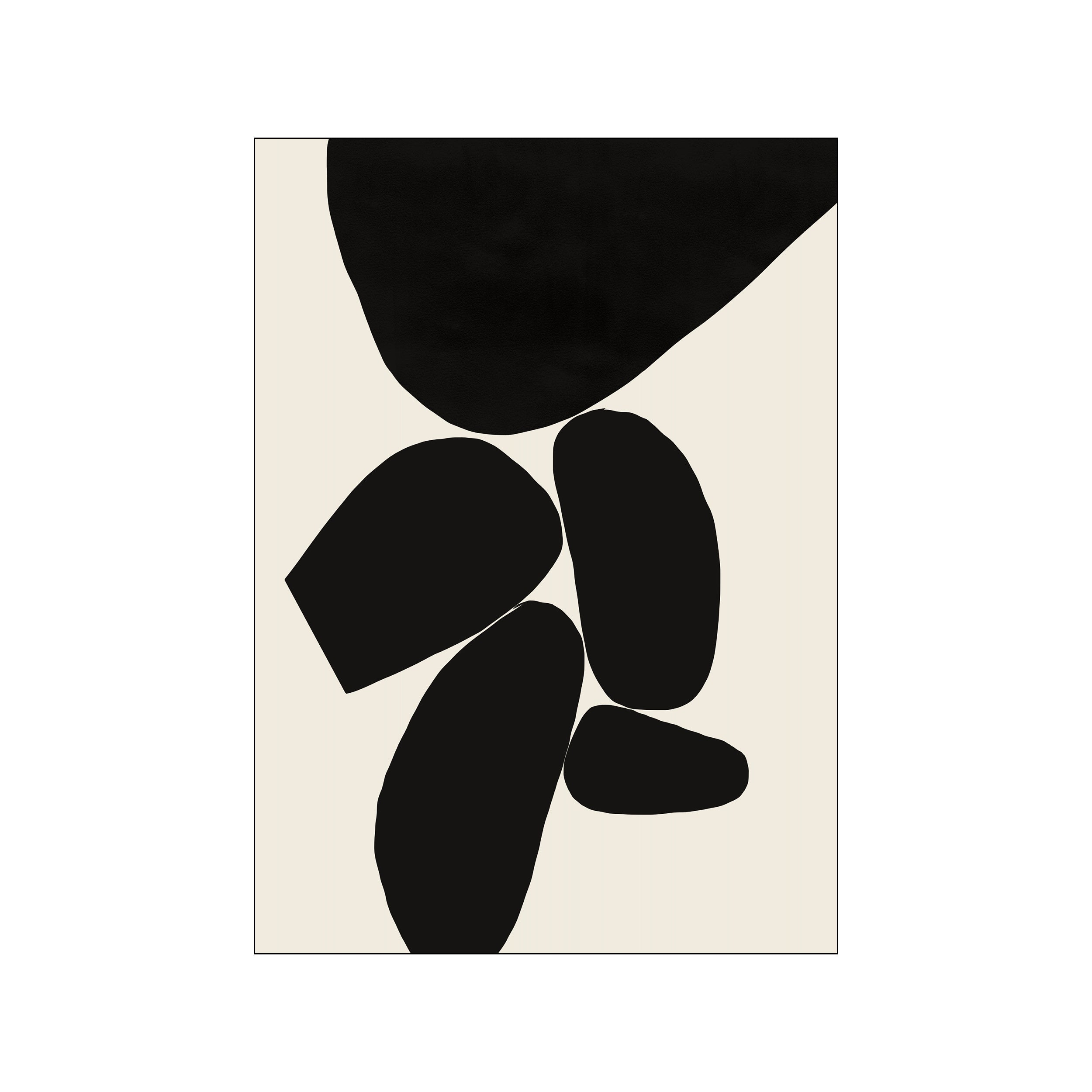 An abstract composition featuring large, smooth black organic shapes balanced against a soft cream background, suggesting natural stones in repose, creating a calm and modern visual.