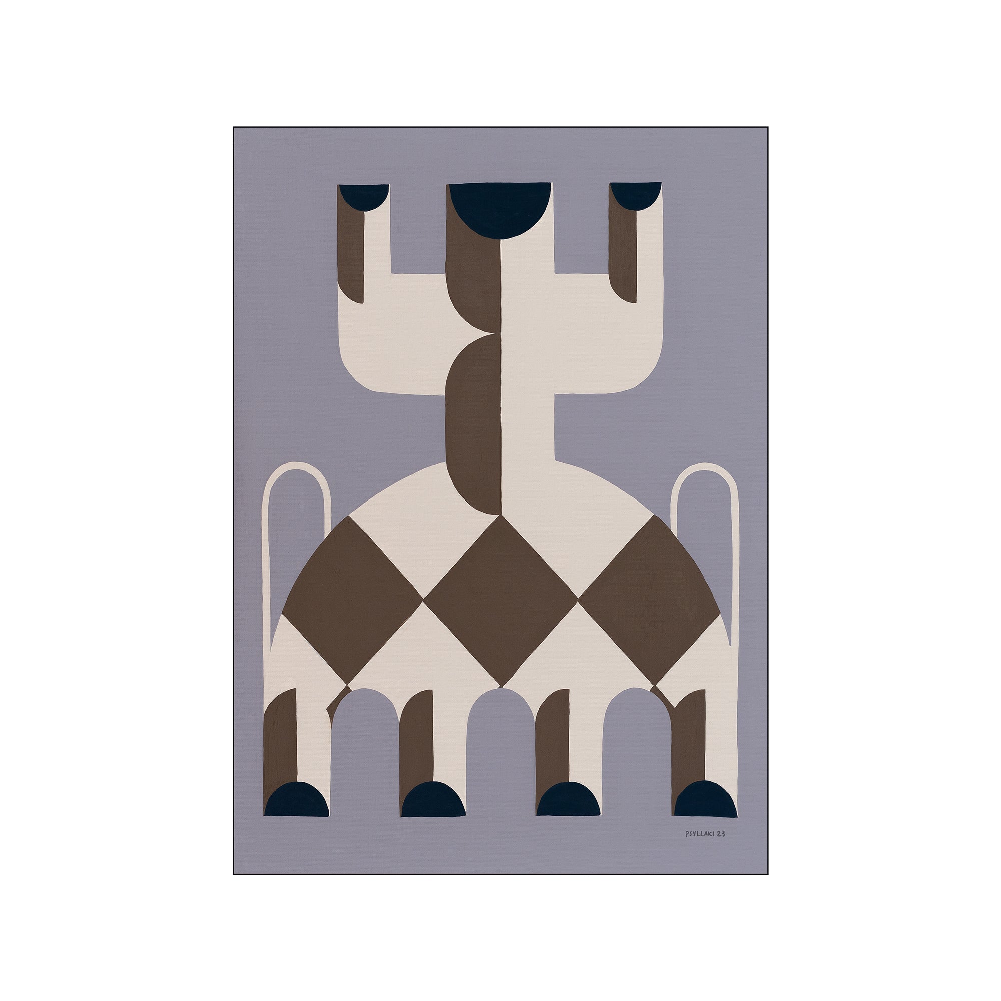 An abstract artwork featuring geometric shapes in shades of blue, brown, and cream, arranged in a balanced, portrait-like composition, evoking a sense of modern graphic design.