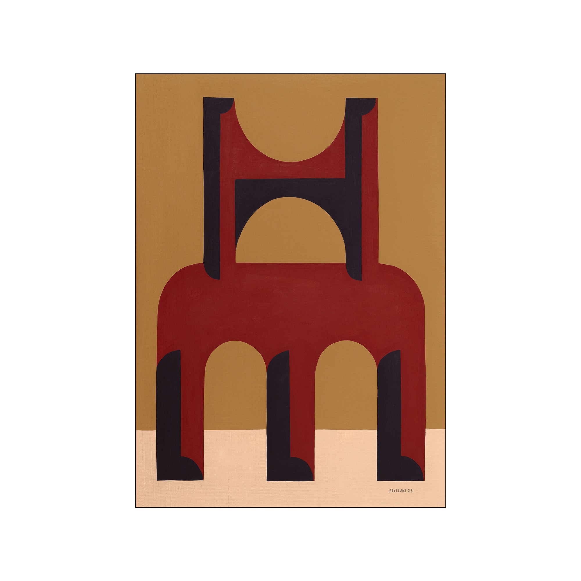 Abstract artwork featuring stacked architectural shapes in deep red, dark indigo, and warm gold, set against a neutral background. Evokes a modern, grounded, and artistic vibe.