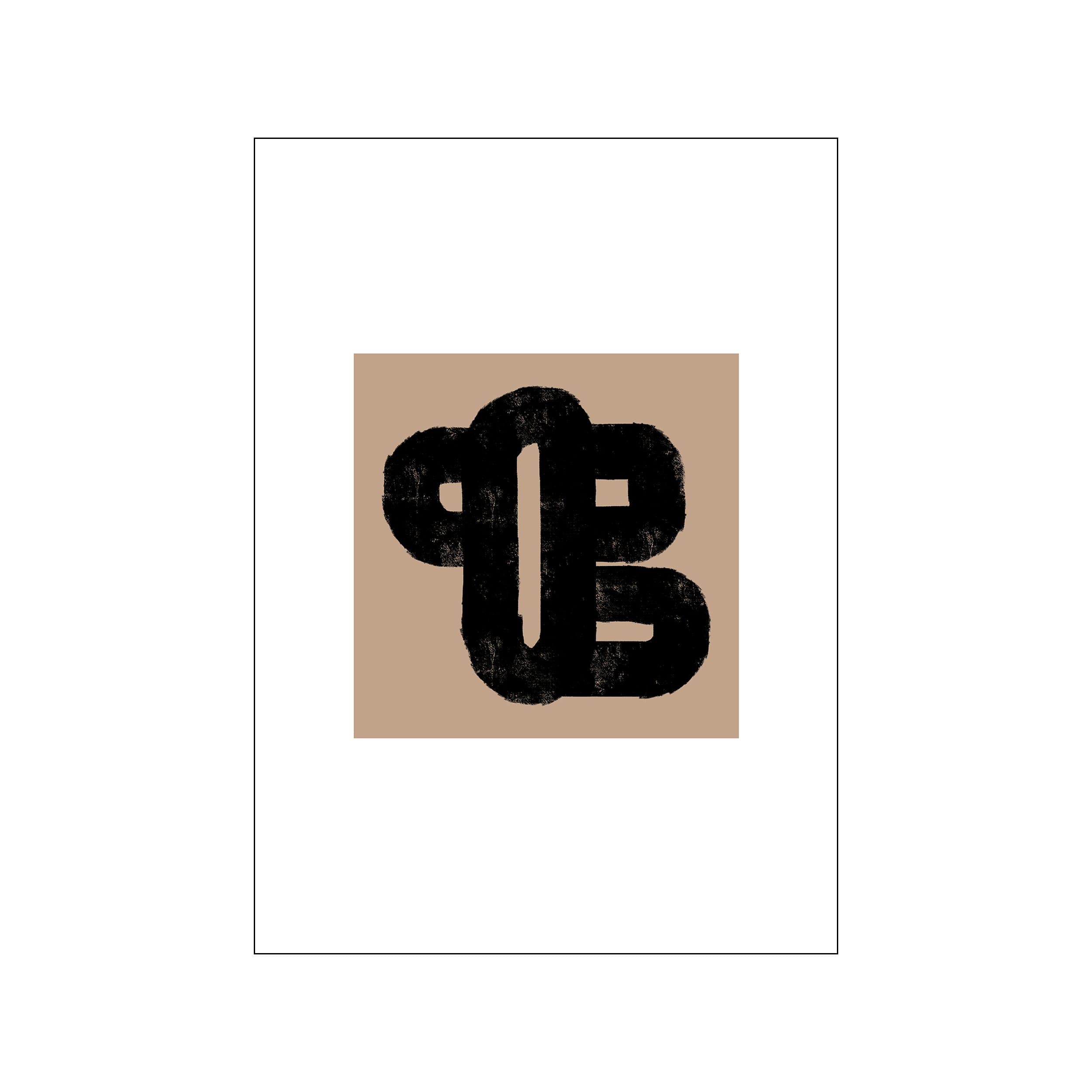 A textured black abstract symbol with rounded edges and internal shapes, set against a smooth, tan background, creating a striking visual presence.