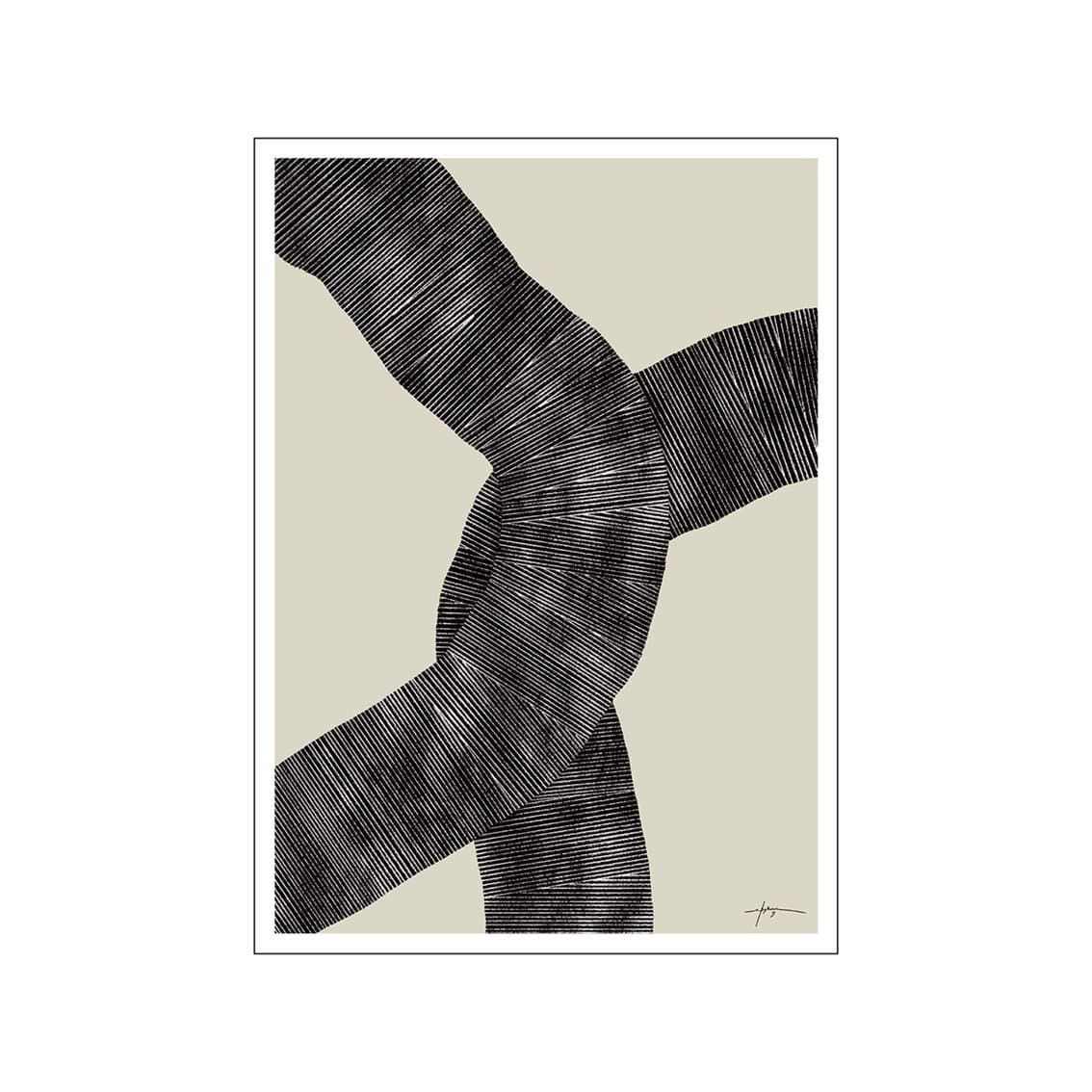 Abstract artwork featuring intersecting, textured black forms against a soft, muted cream background, evoking a sense of organic movement and minimalist sophistication.