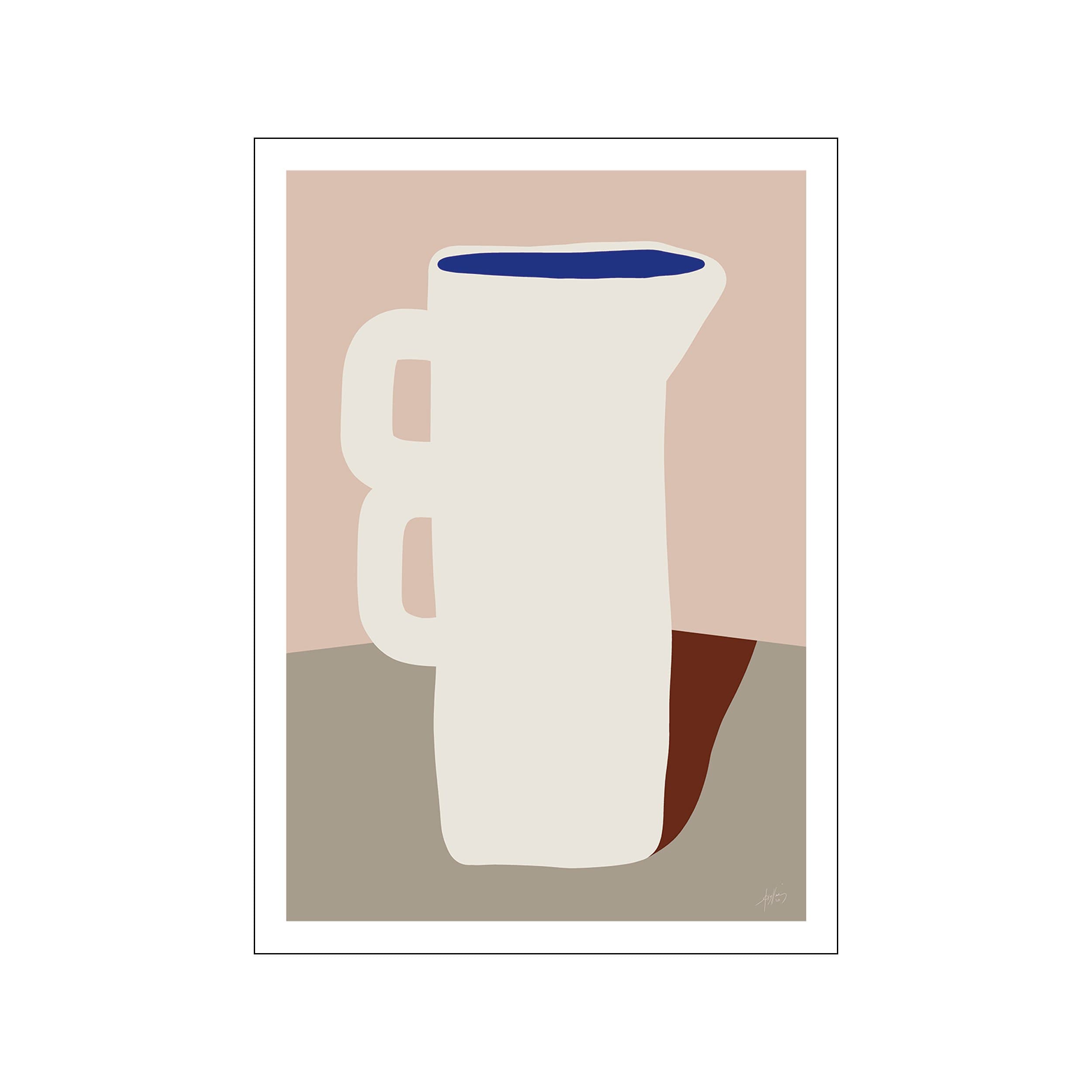 Abstract artwork depicting a simple, cream-colored pitcher with a navy blue rim against a soft pink background, resting on a taupe surface with a rust-colored shadow.