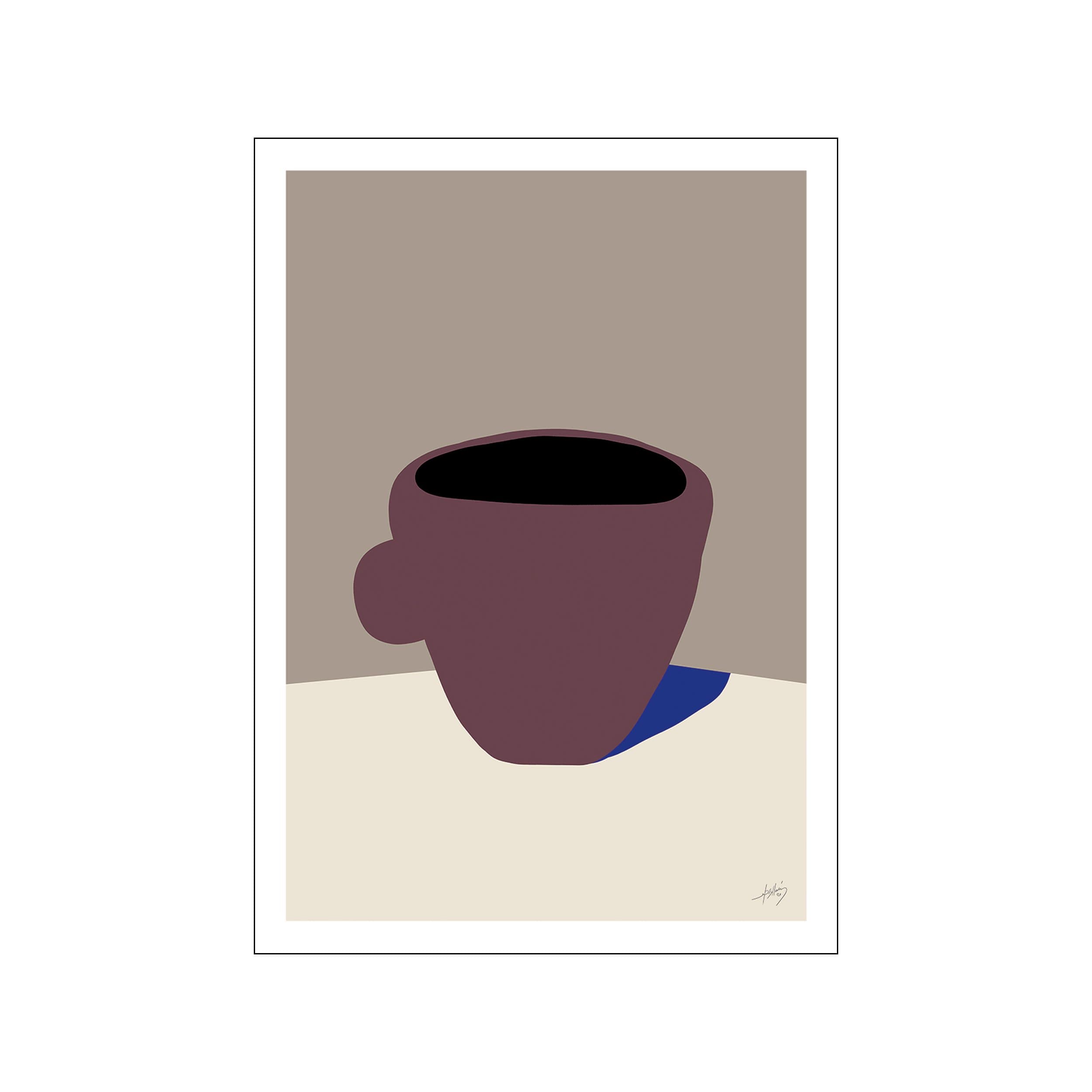 An abstract artwork depicting a dark plum ceramic pot with a handle, placed on a creamy beige surface with a cobalt blue accent. The background is a soft taupe, creating a serene and sophisticated mood.