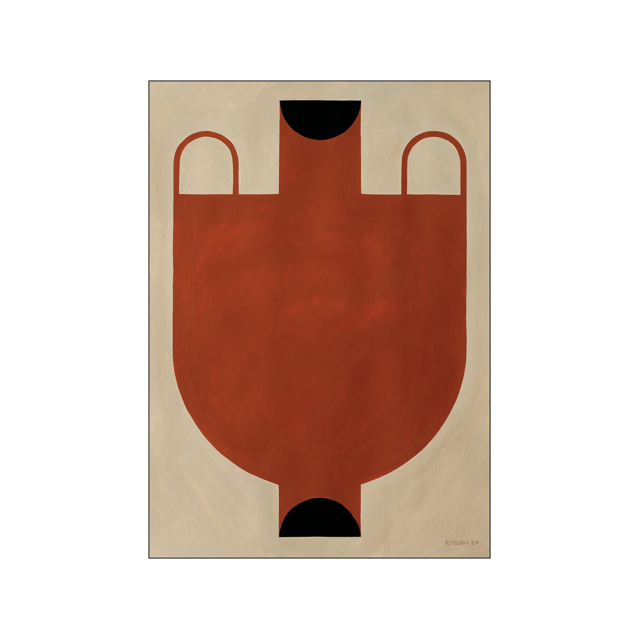 An abstract artwork featuring a large terracotta vase silhouette with black accents against a soft parchment background. The composition is minimalist and elegant, evoking a warm, serene feeling.