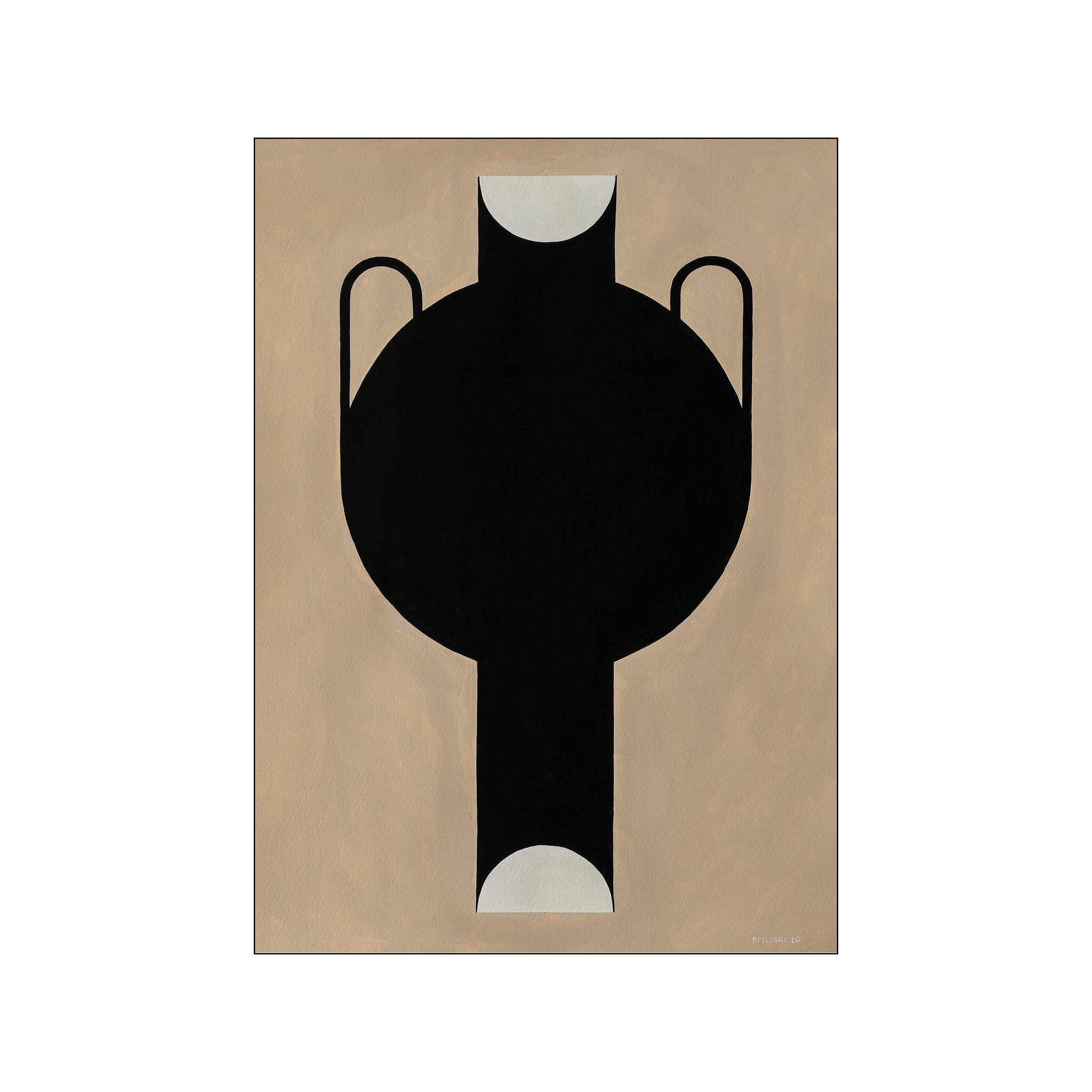 Abstract black vase silhouette with curved handles and pale semi-circles at top and bottom, set against a textured tan background. Minimalist and modern art for home decor.