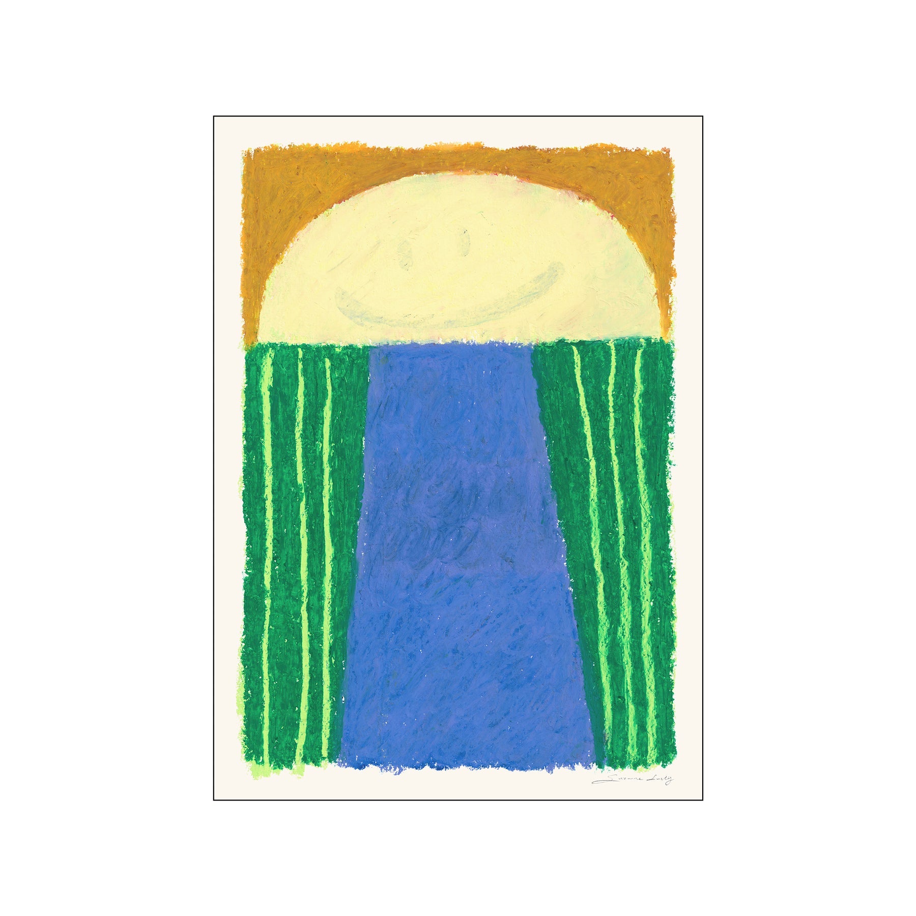 Abstract portrait of a smiling face framed by golden arch and green striped curtains, with a blue pathway. The artwork features a joyful and whimsical vibe in bold, crayon-like strokes.