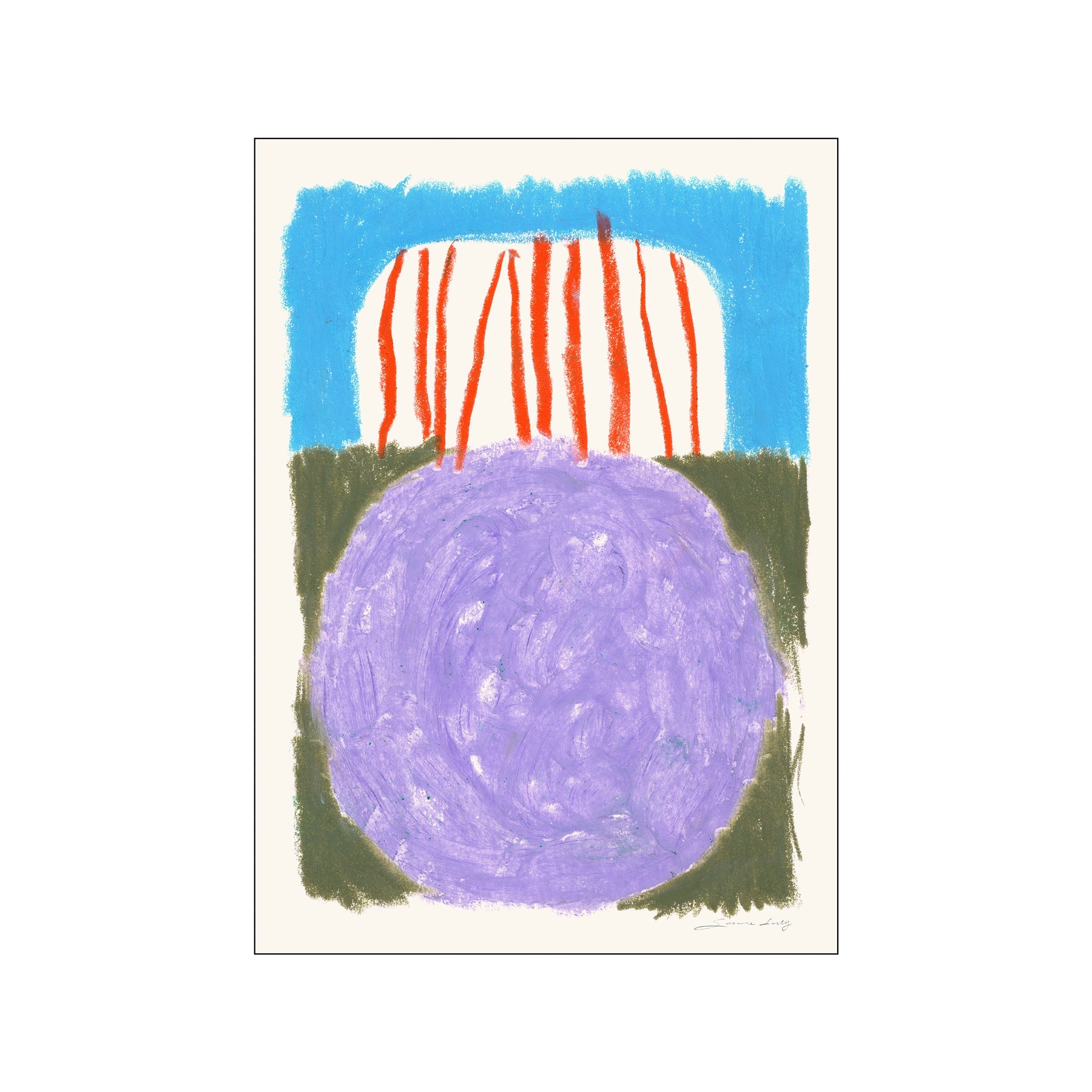 An abstract composition featuring a large, textured lavender circle against an olive green base, with vibrant orange vertical lines under a bright blue band, creating a whimsical and modern aesthetic.