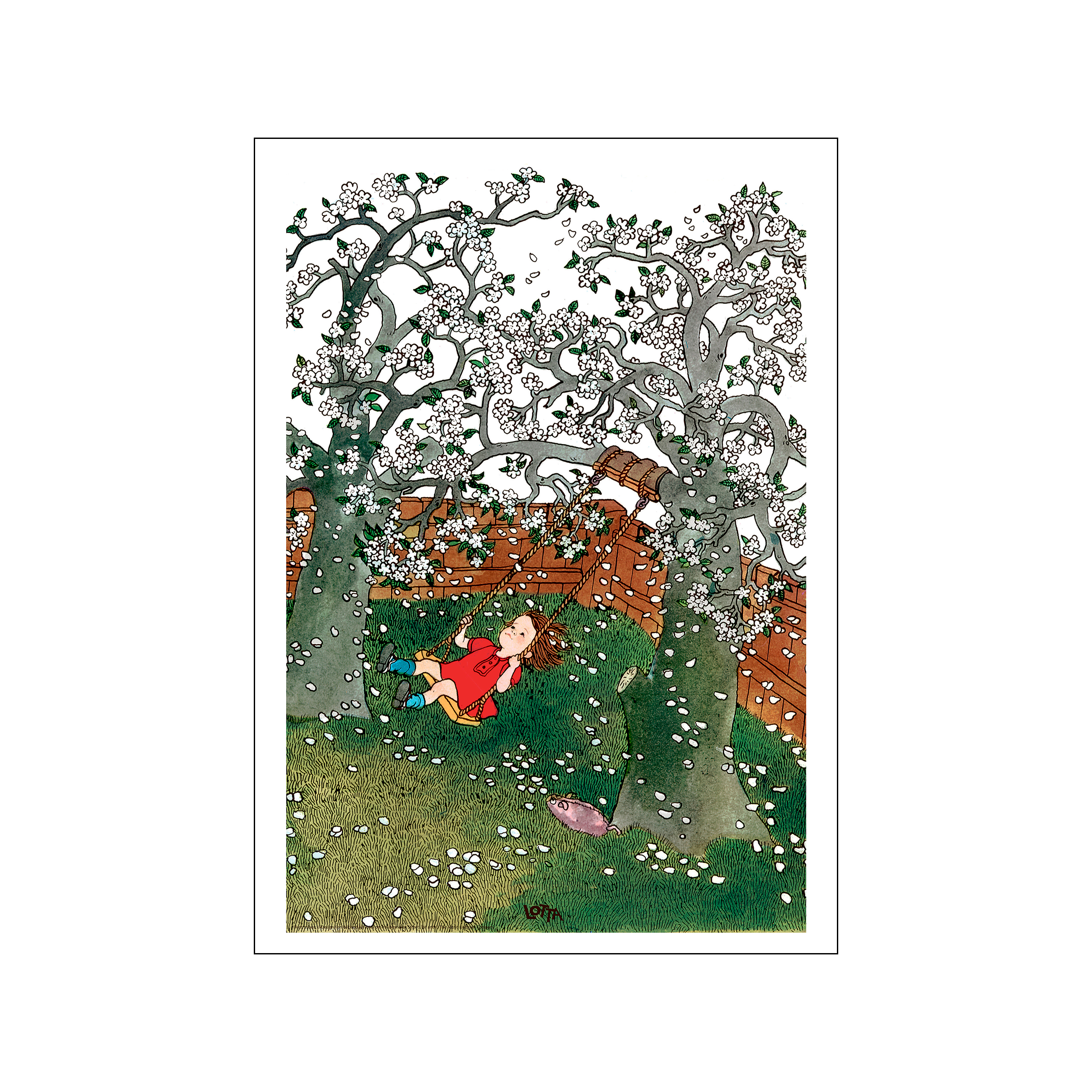 Child in a red dress swings under flowering trees as petals fall across a green yard