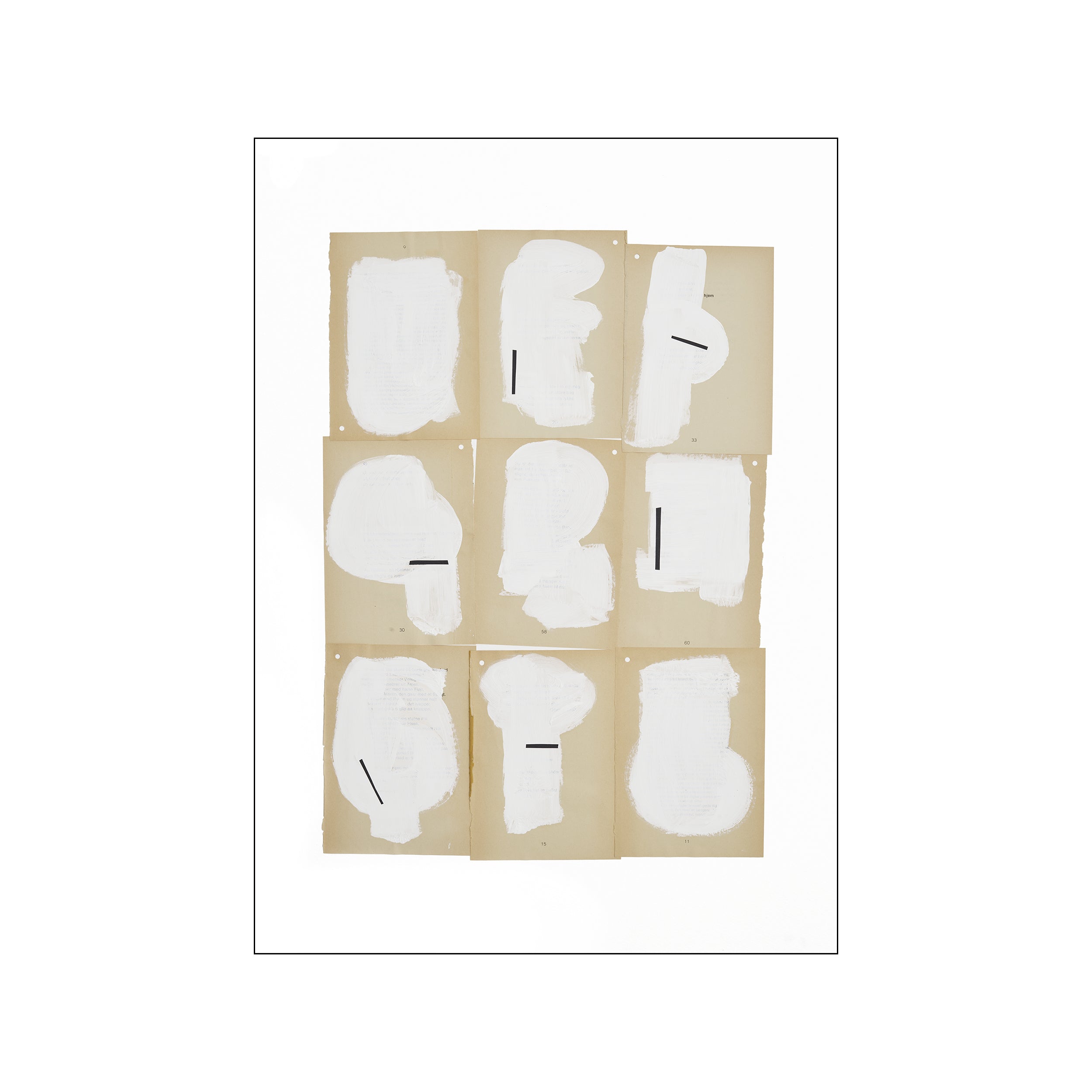 A grid of nine abstract compositions featuring gestural white brushstrokes and thin black lines on a textured, beige paper background, evoking a modern and serene aesthetic.