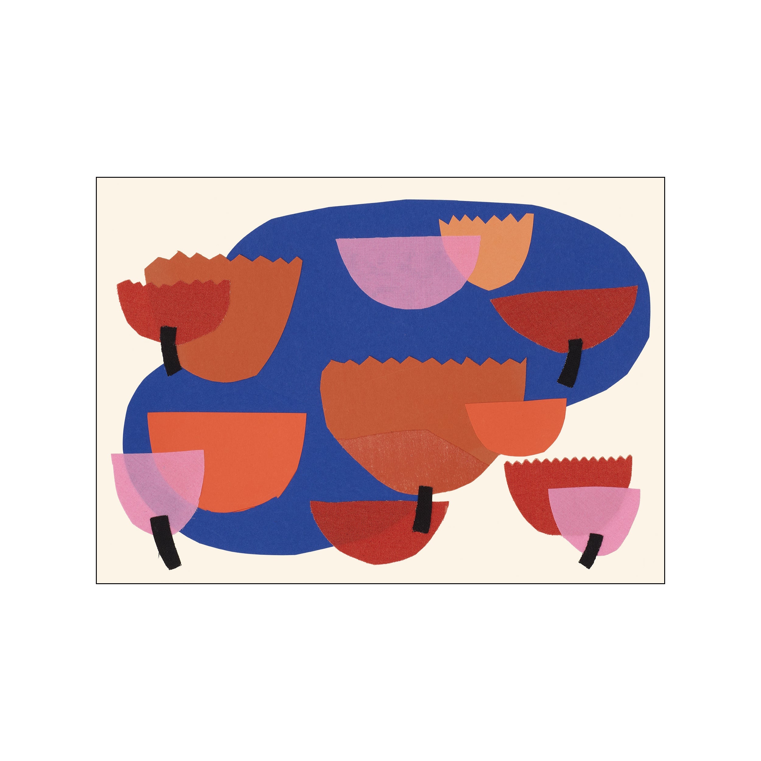 Abstract art featuring organic shapes in shades of blue, terracotta red, and soft pink, with black stems against a cream background, evoking a garden bloom.