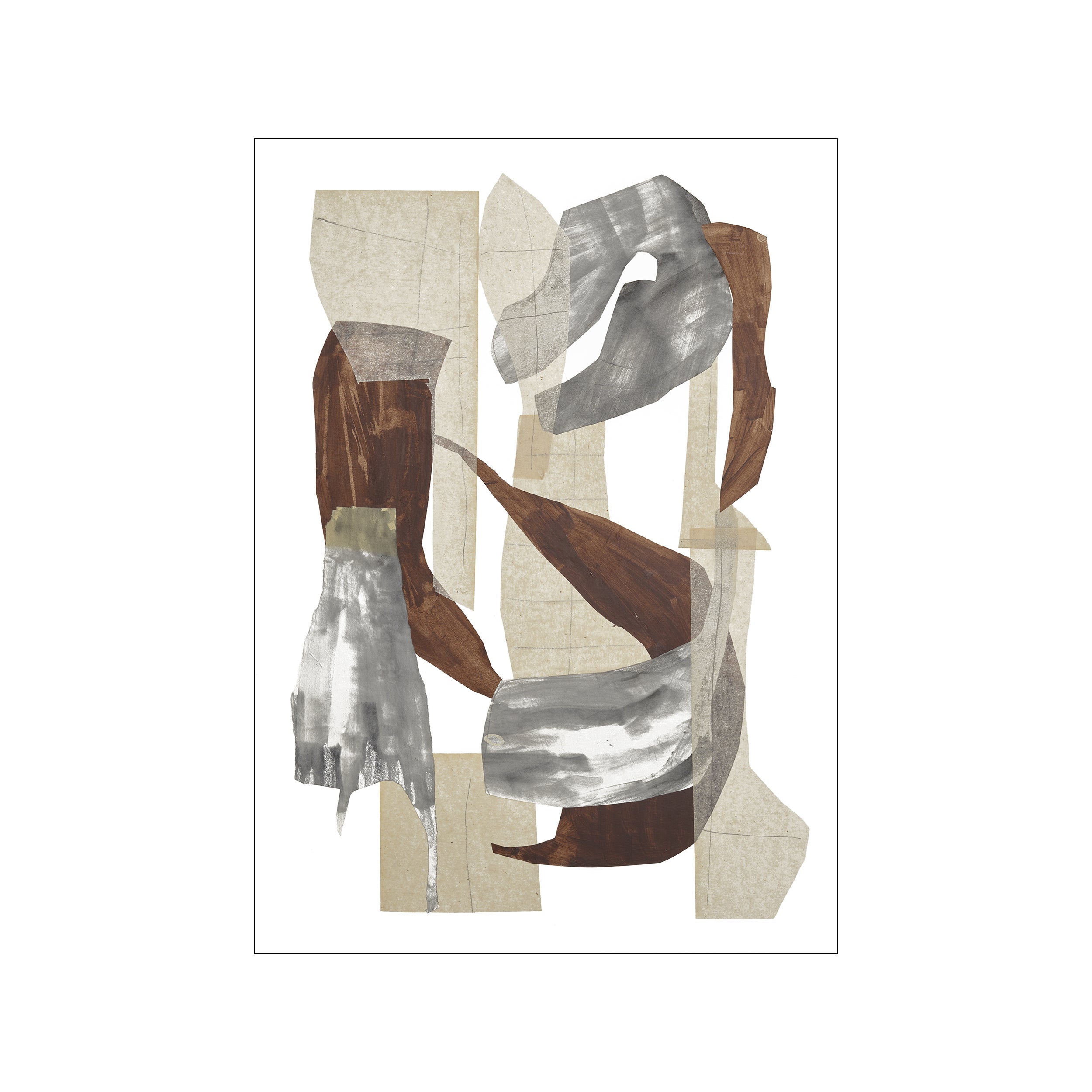 Abstract composition with overlapping shapes in warm brown, beige, and muted grey tones, featuring painterly textures and delicate line details, evoking a grounded and serene mood.