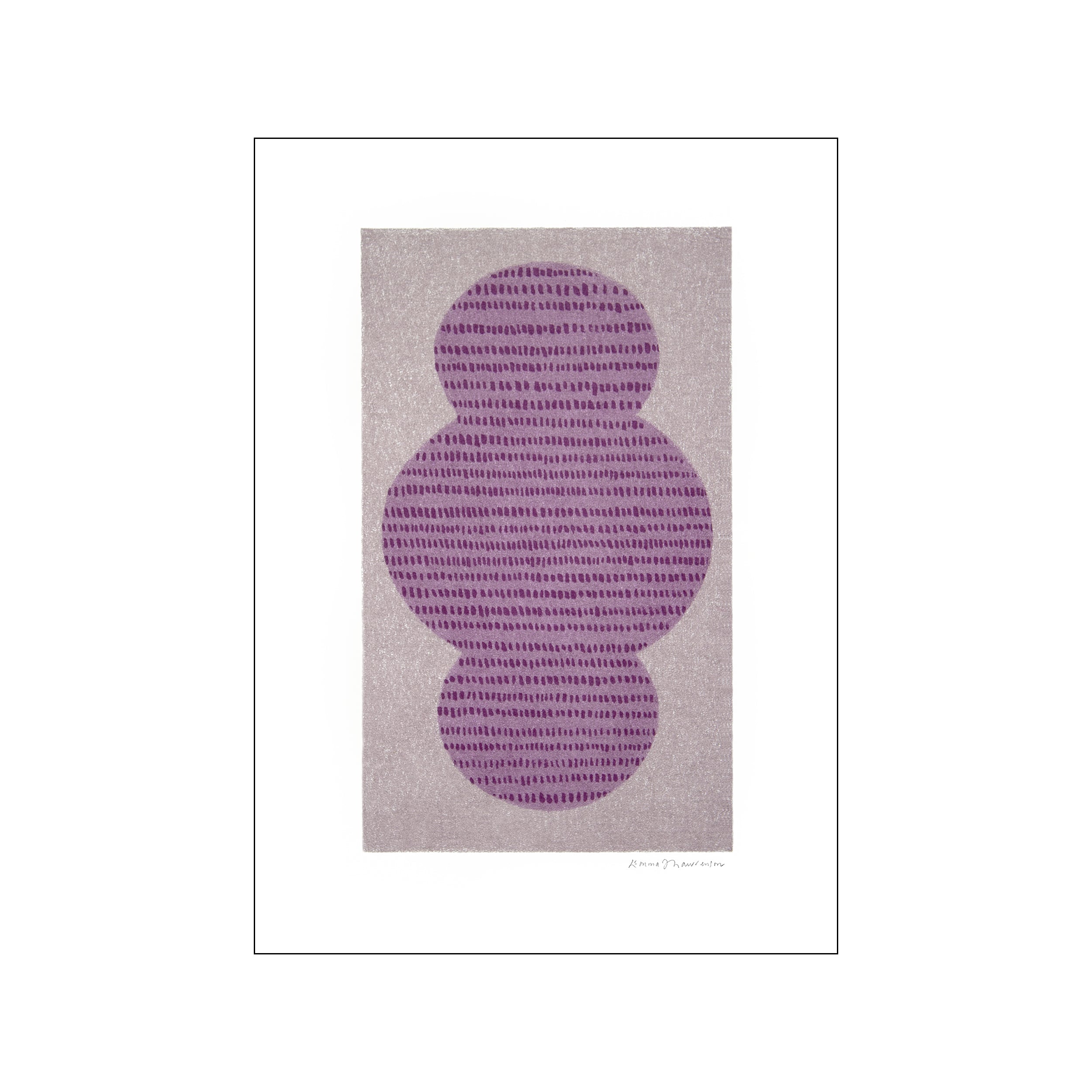 Abstract composition of three stacked, rounded shapes in deep purple with subtle horizontal dashed lines, set against a textured light beige background, evoking a serene and artistic mood.