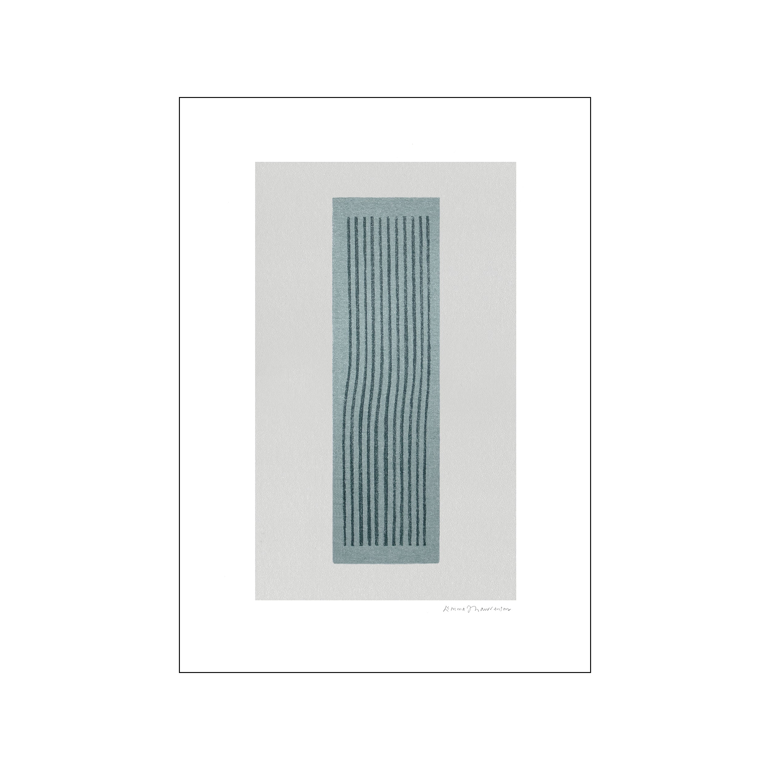 Abstract artwork featuring vertical lines in shades of blue and grey on a light grey background, signed by the artist, evoking a serene and minimalist aesthetic.