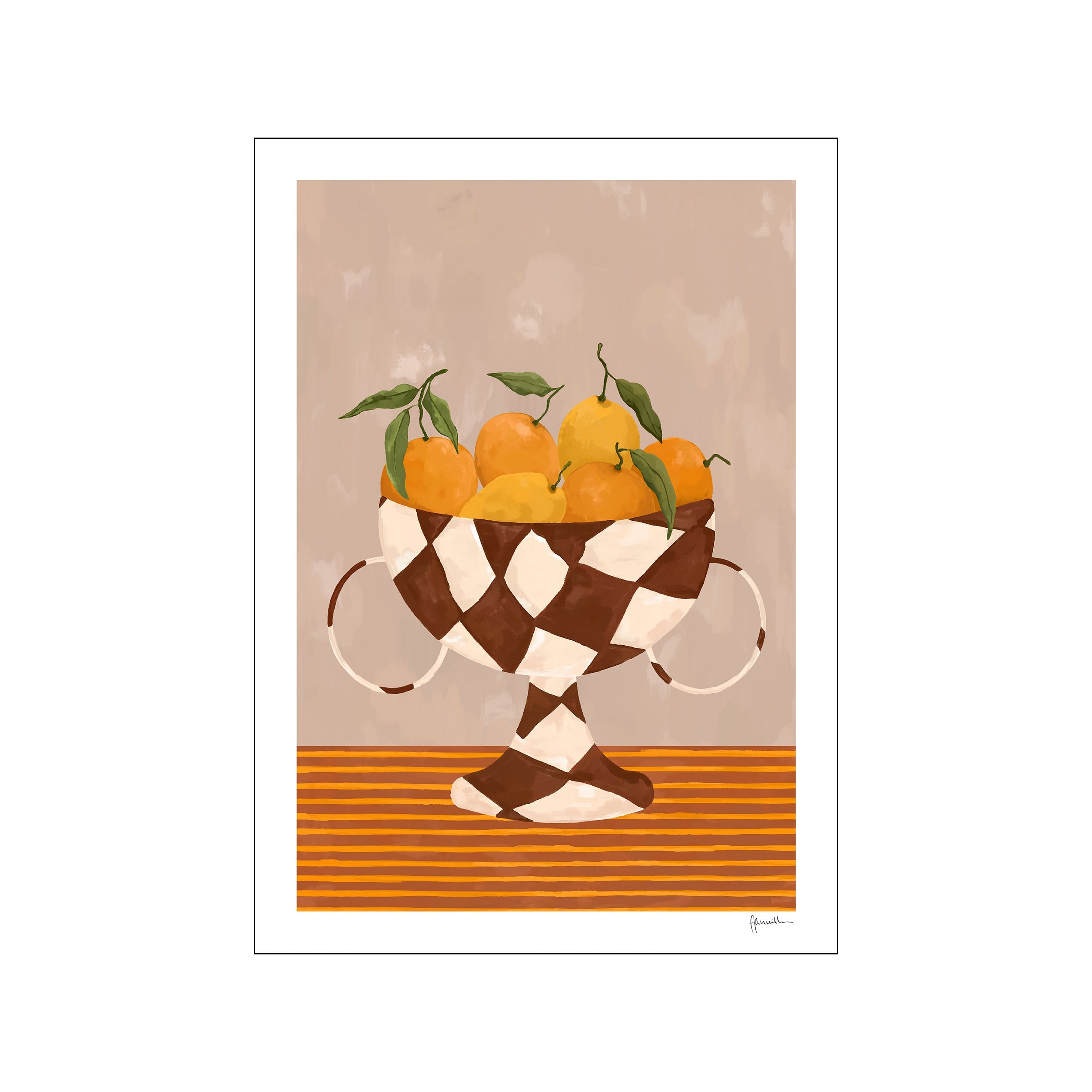 A still life artwork by Frankie Penwill featuring a checkerboard vase filled with bright lemons and oranges, set against a textured, neutral background and a striped surface.