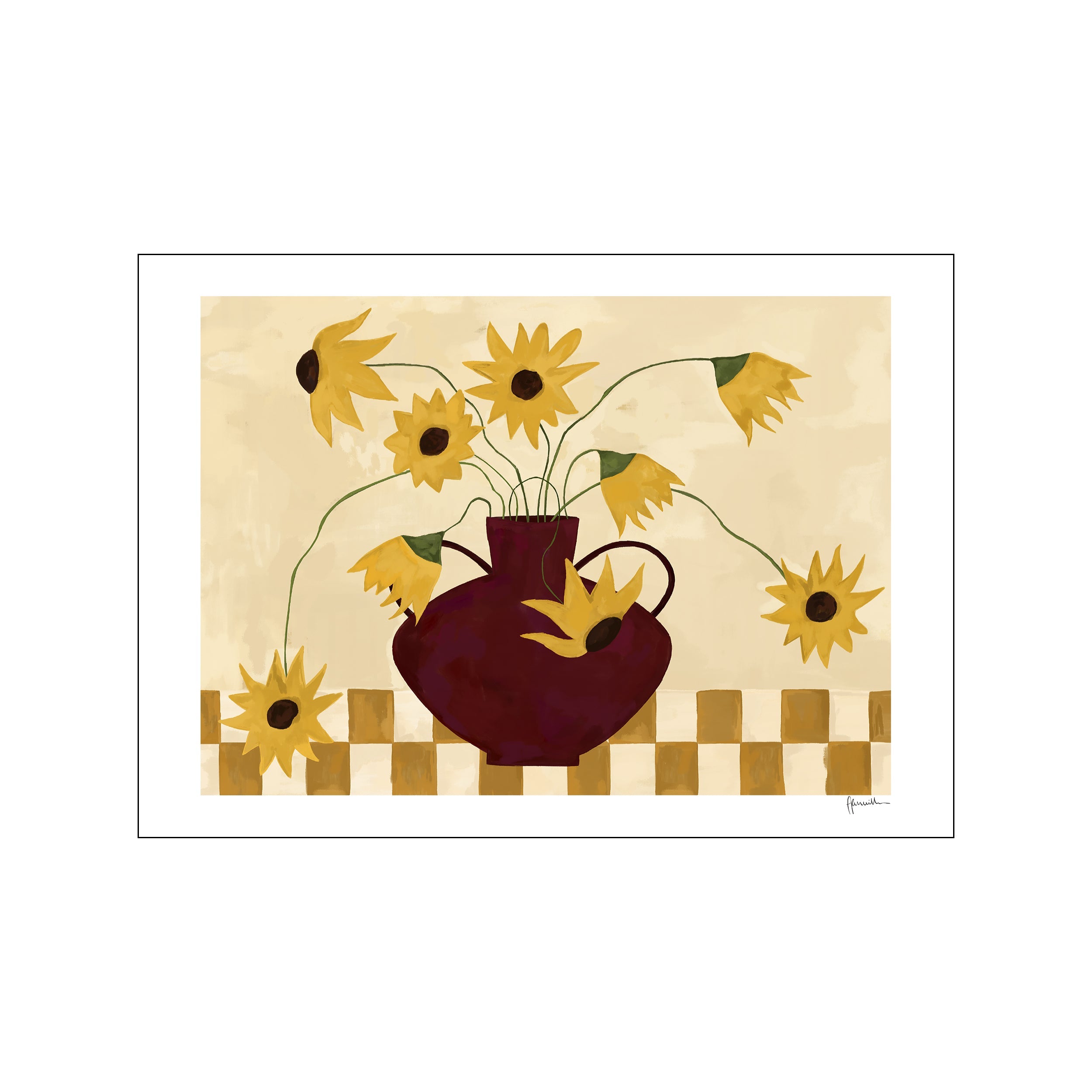 A whimsical art piece featuring bright yellow sunflowers with dark centers arranged in a deep burgundy vase, set against a textured beige background and a subtle checkered foreground.