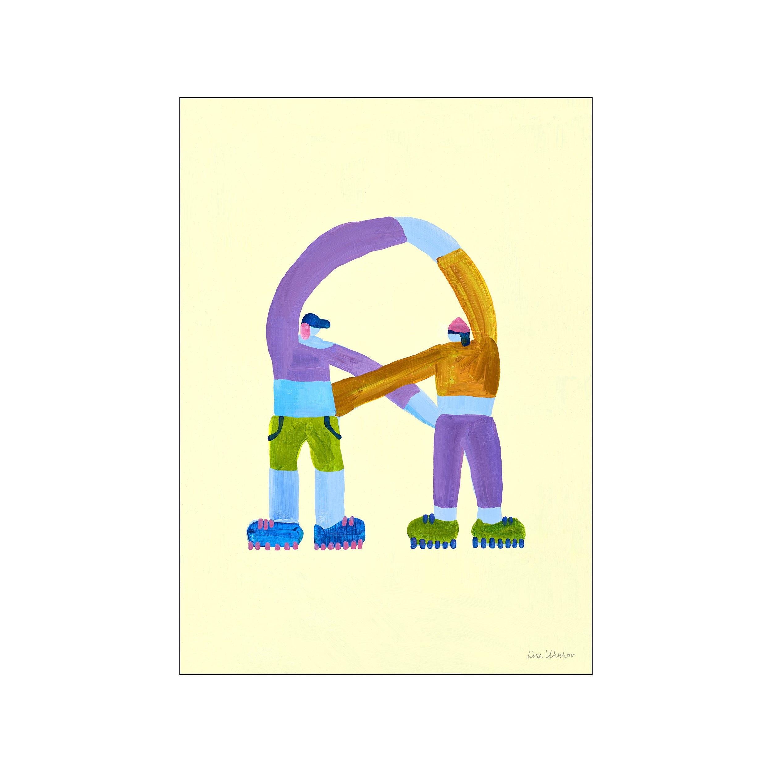 Two stylized figures, one in purple and blue, the other in gold and green, form an arching embrace. They wear roller skates and stand against a pale yellow background, creating a whimsical and uplifting visual.