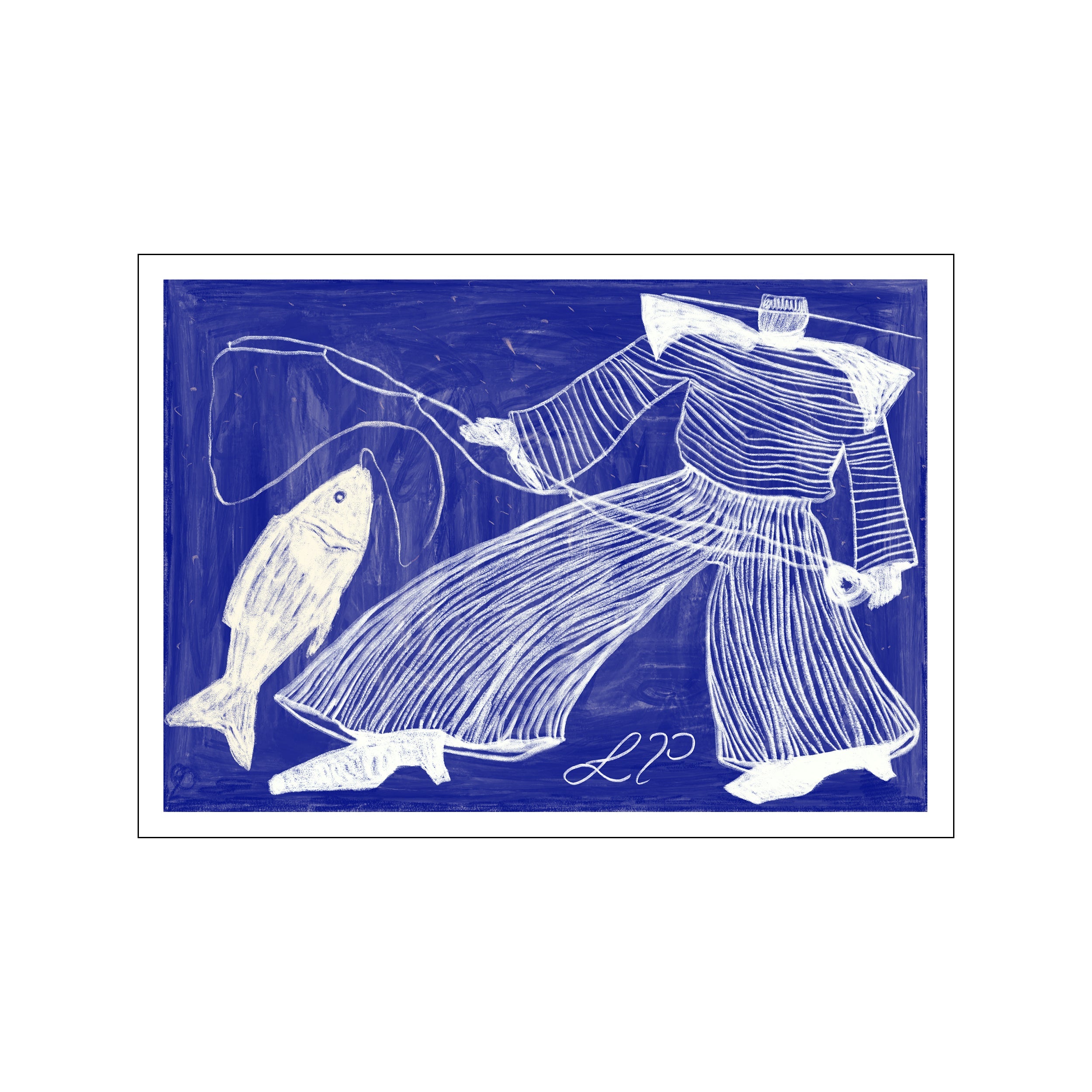 “Sam Fishing Art Print” by Lucia Tuffley, fine art poster with balanced palette and painterly feel on a neutral wall.