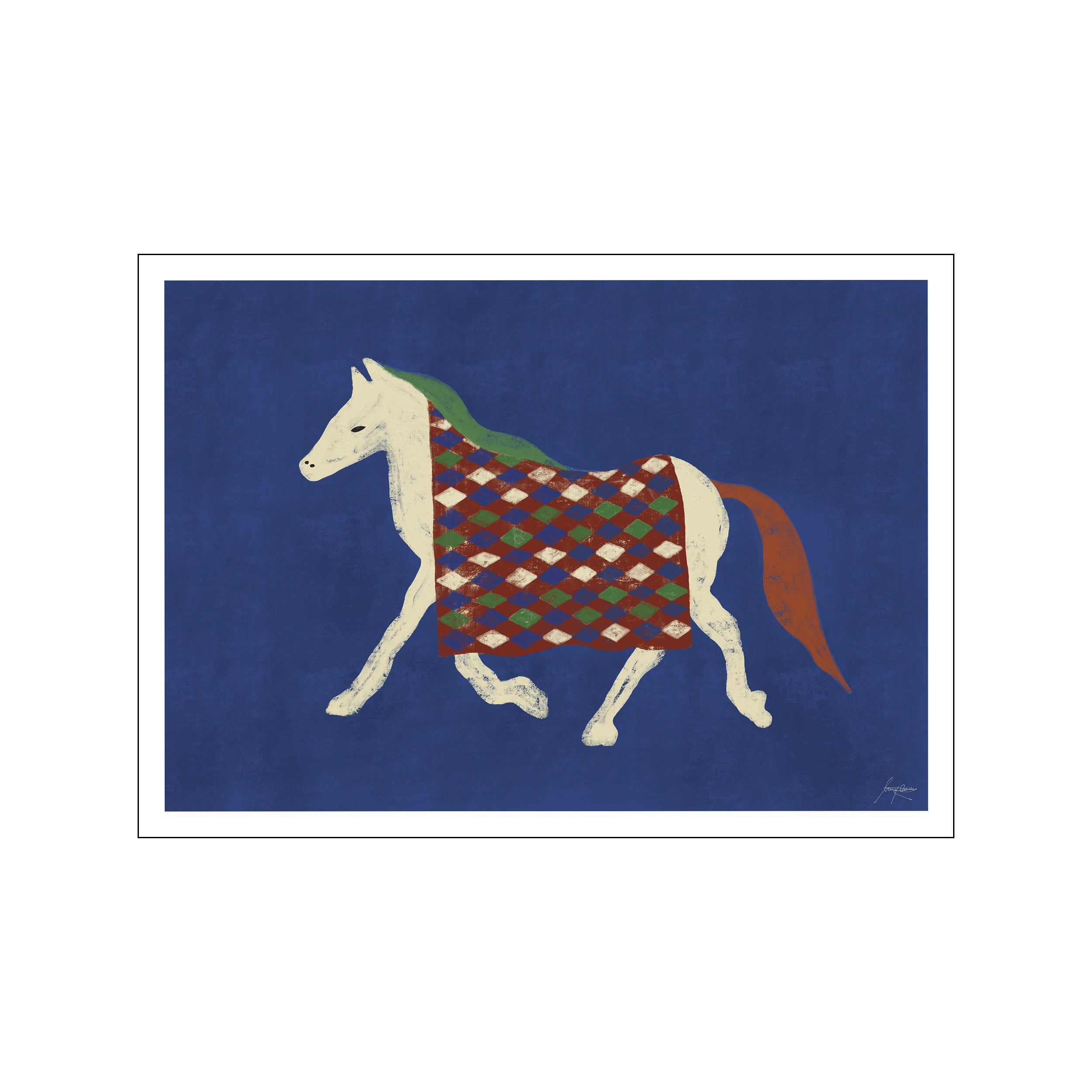 A stylized white horse with a green mane and tail walks across a textured indigo background, wearing a red, green, and white diamond-patterned blanket. The artwork feels whimsical and bold.