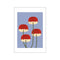 Four stylized red umbrella mushrooms with creamy undersides and thin green stems are depicted against a soft periwinkle blue background, creating a whimsical and organic visual.