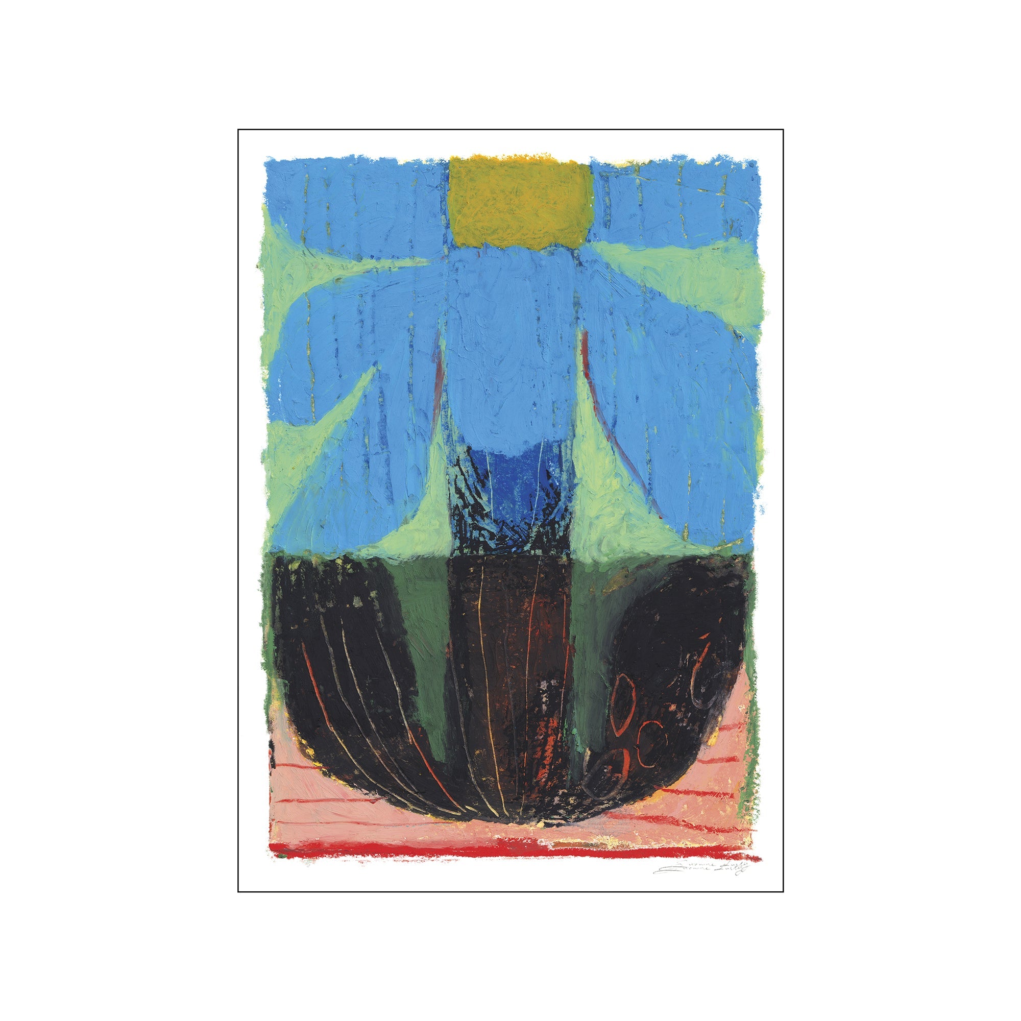 An abstract painting of a blue flower with a yellow center, set against a textured green background and a dark, patterned vase or pot. The base features pink and red horizontal strokes.