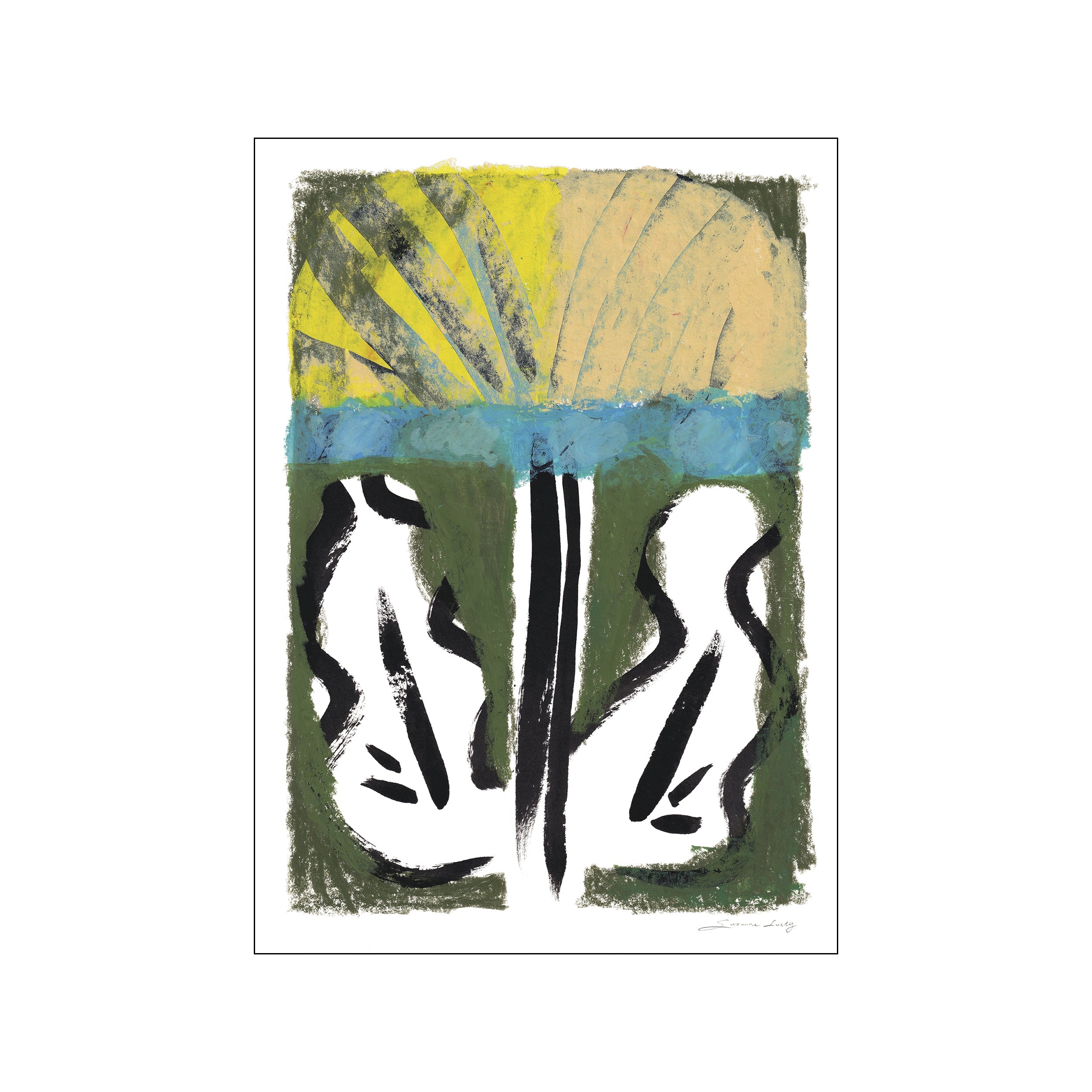 Abstract artwork featuring vibrant strokes of yellow, blue, and green, with bold black forms suggesting figures or plants in a field under a bright sky.