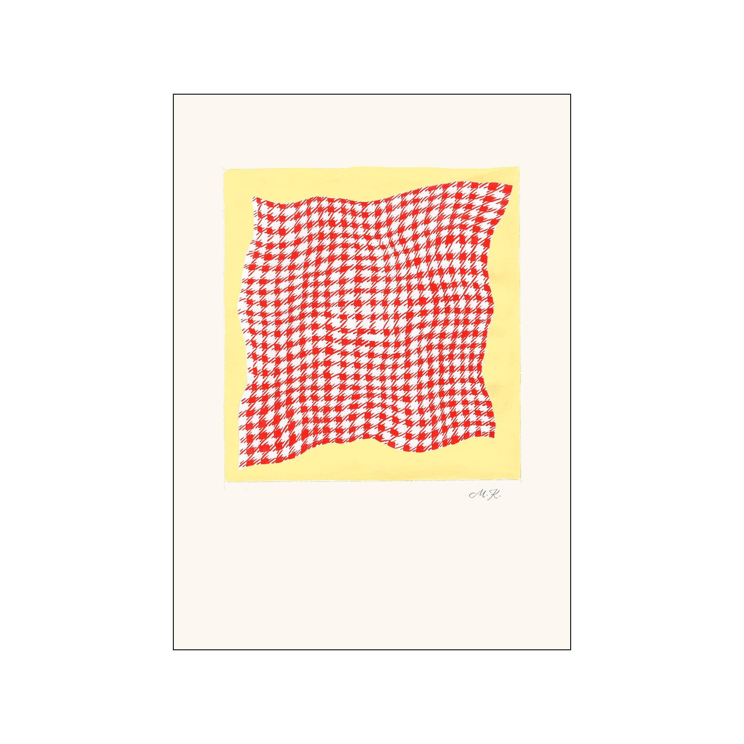 An abstract artwork featuring a crinkled, red and white checked textile pattern that appears to be draped over a soft, wavy edge, set against a pale yellow background with a cream border.