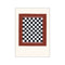 Abstract artwork with a black and white checkerboard pattern framed by a warm terracotta border, featuring subtle fringe details at the top. The piece has a minimalist and sophisticated vibe.