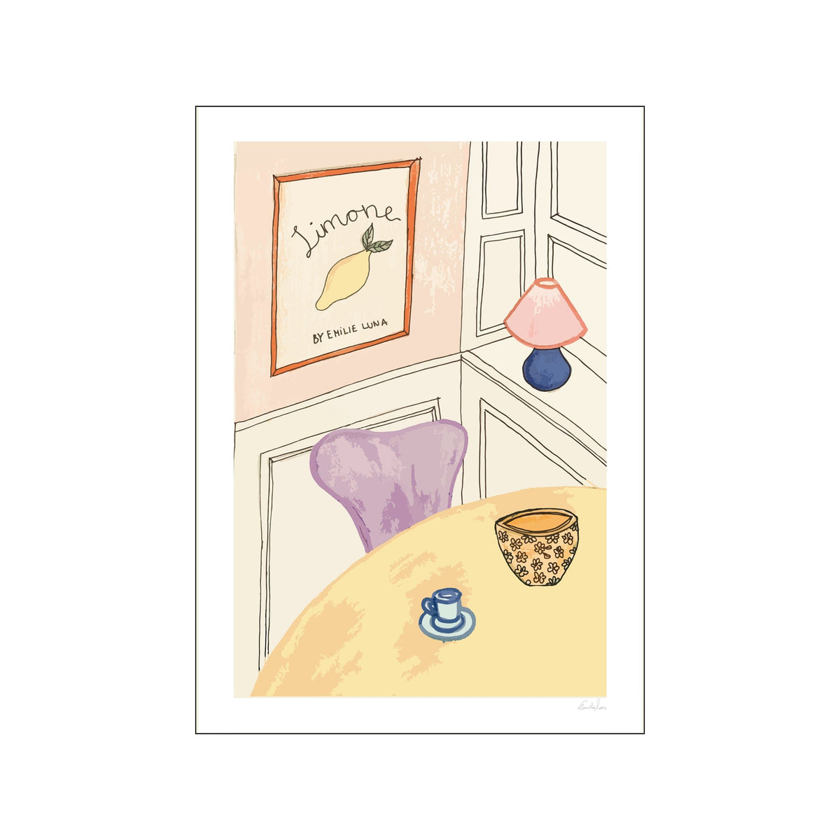Pastel interior scene with framed lemon print, pink lamp, lilac chair, and tabletop objects