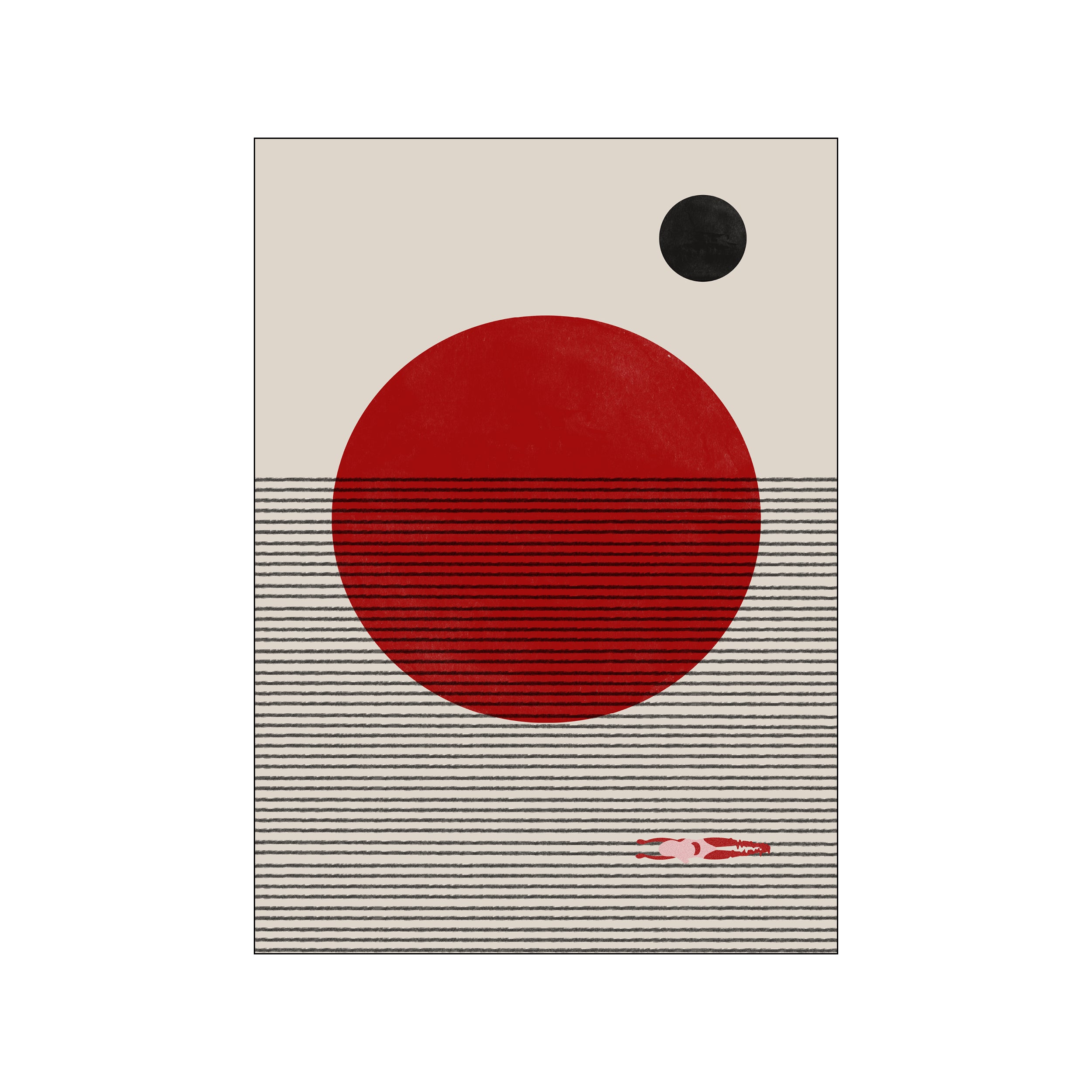 Retro poster with a swimming woman beneath a large red sun and striped beige field